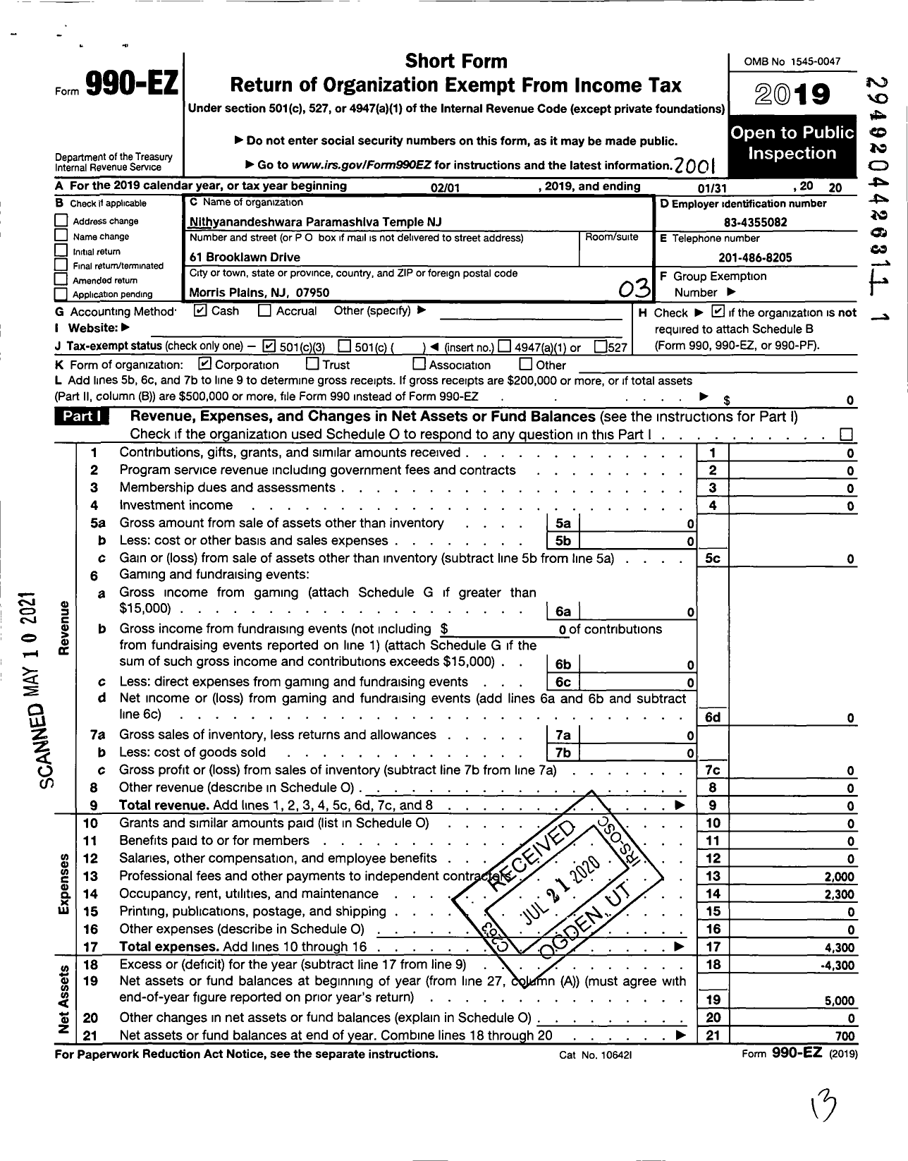 Image of first page of 2019 Form 990EZ for Nithyanandeshwara Paramashiva Hindu Temple New Jersey