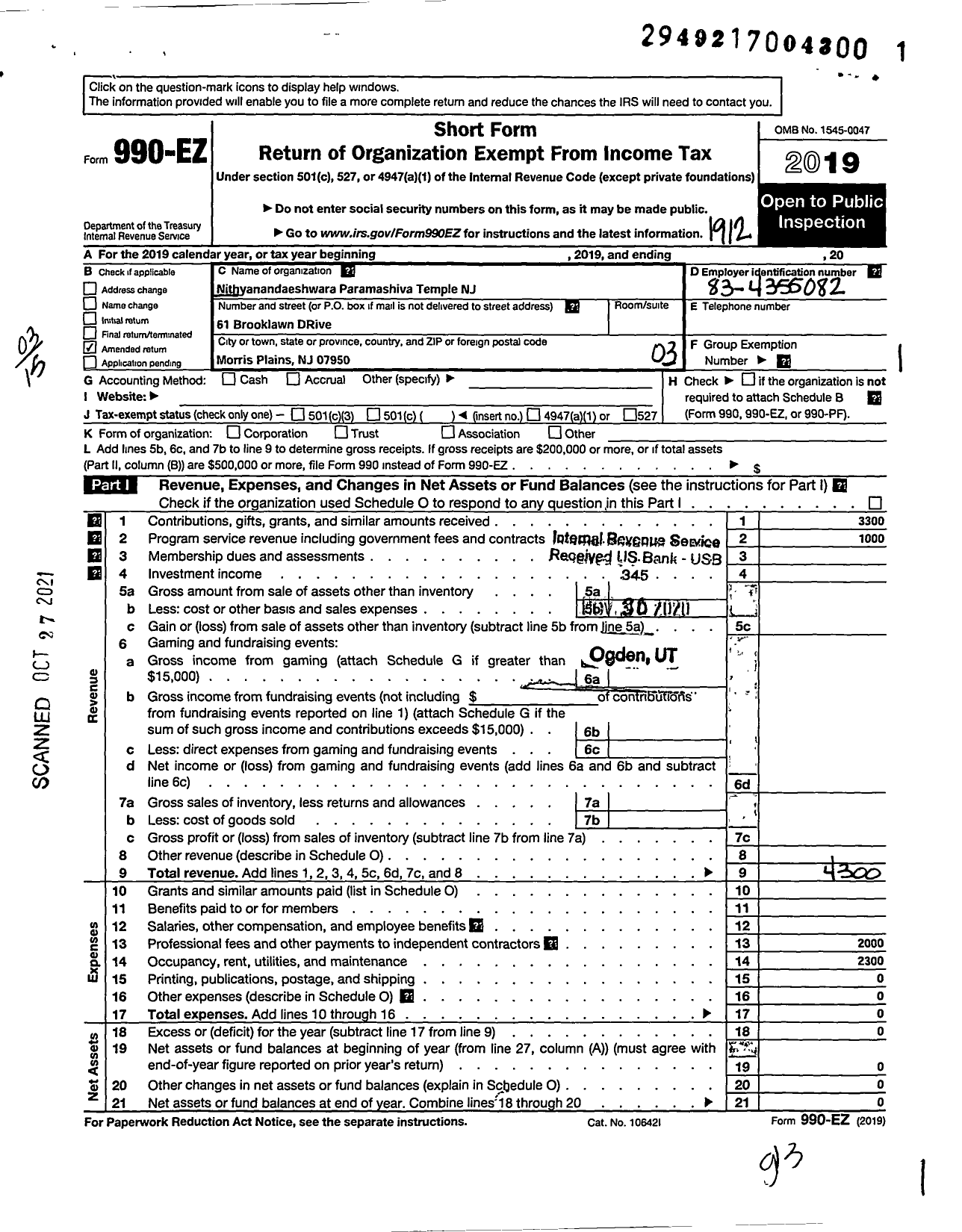 Image of first page of 2019 Form 990EZ for Nithyanandeshwara Paramashiva Hindu Temple New Jersey