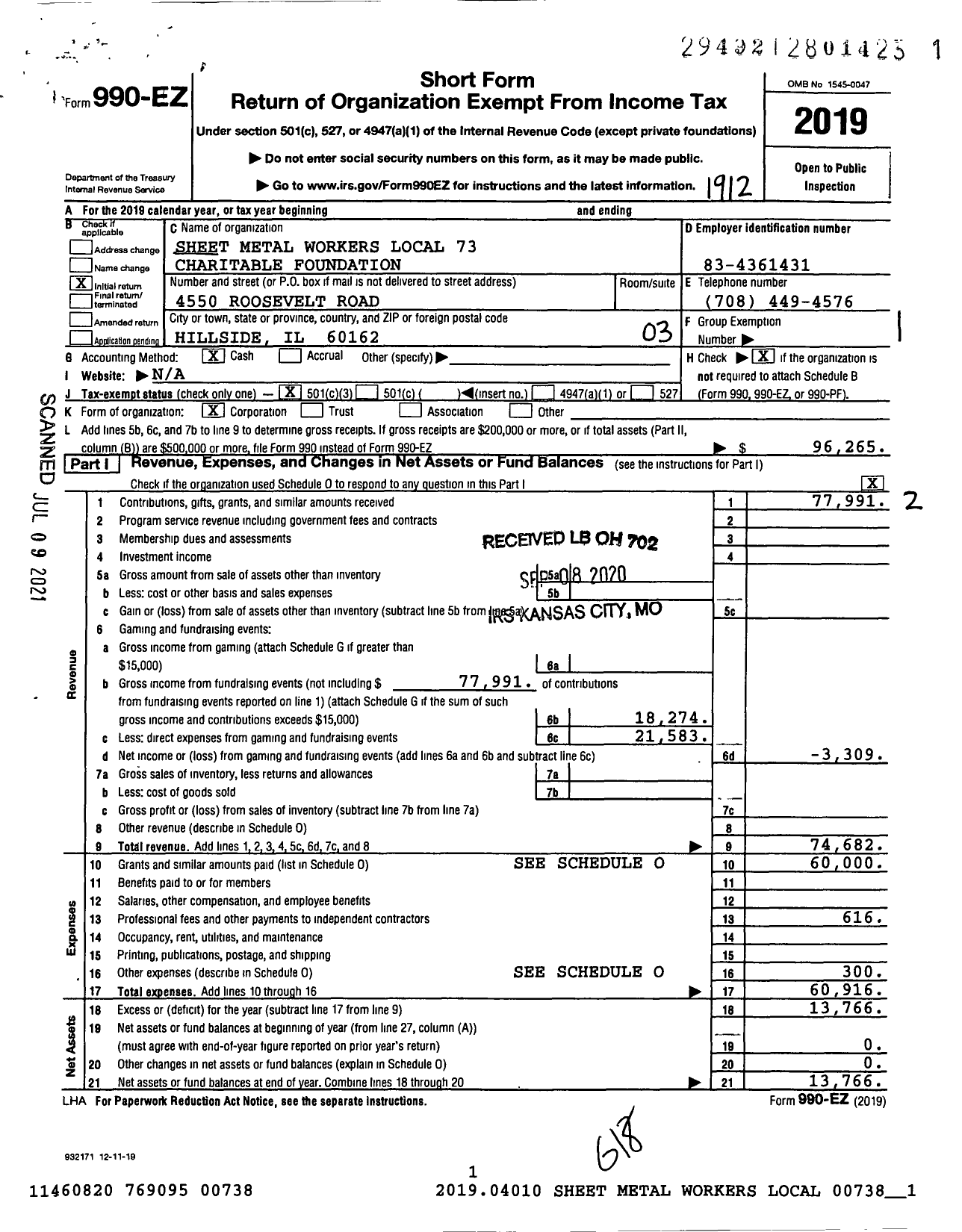 Image of first page of 2019 Form 990EZ for Sheet Metal Workers Local 73 Charitable Foundation