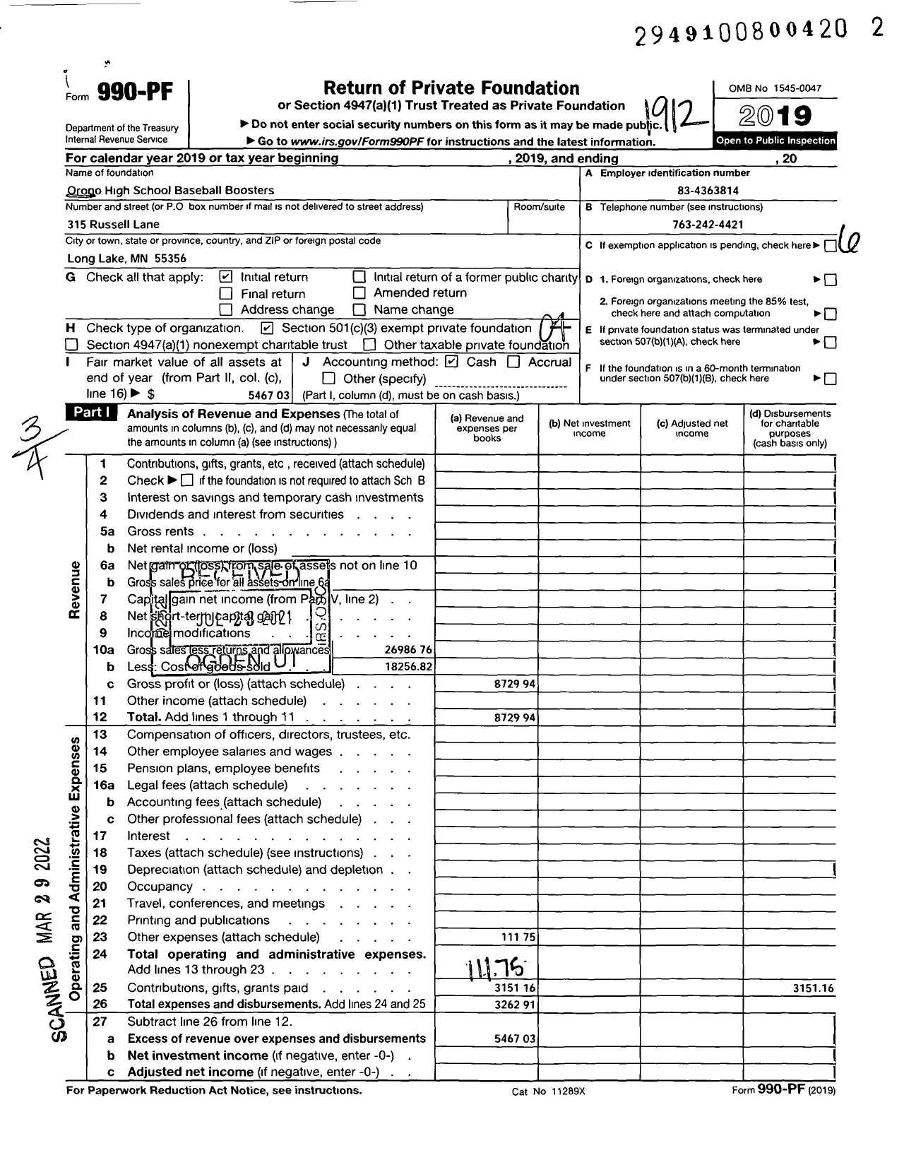 Image of first page of 2019 Form 990PF for Orono High School Baseball Boosters