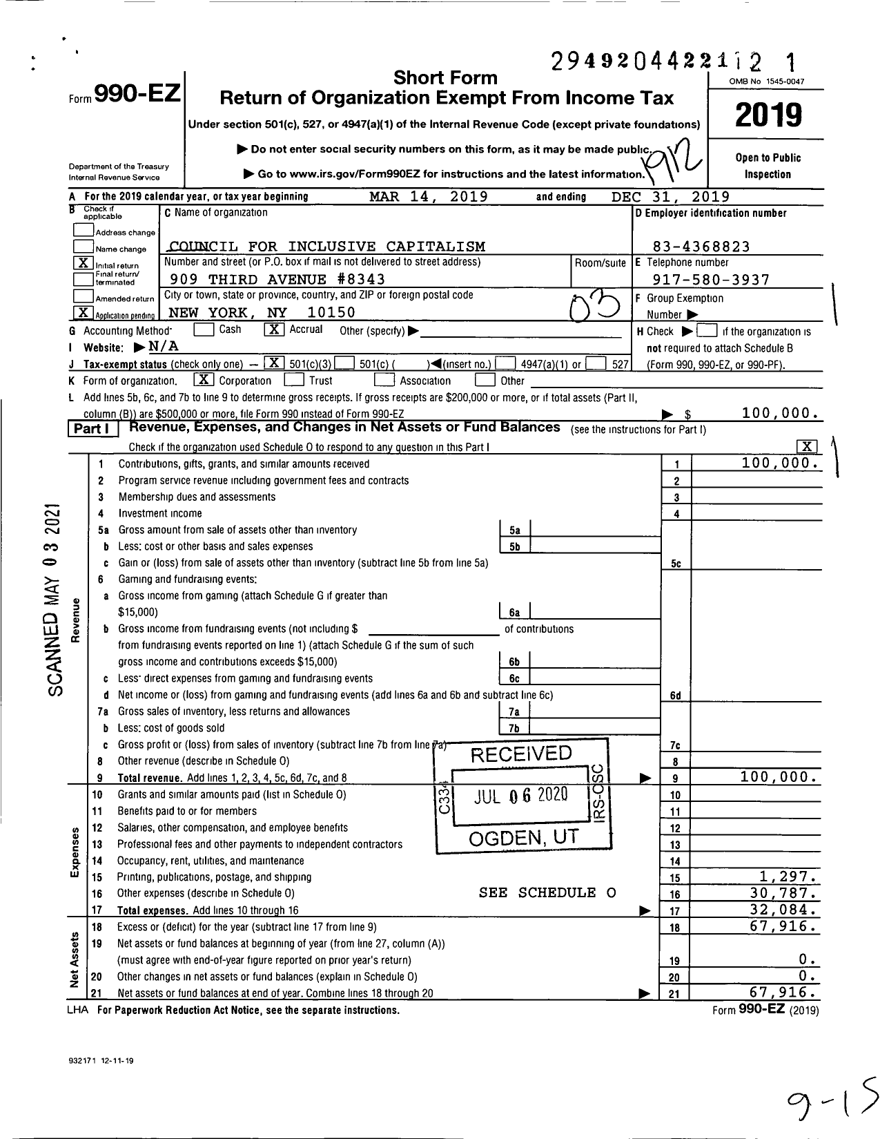 Image of first page of 2019 Form 990EZ for Council for Inclusive Capitalism