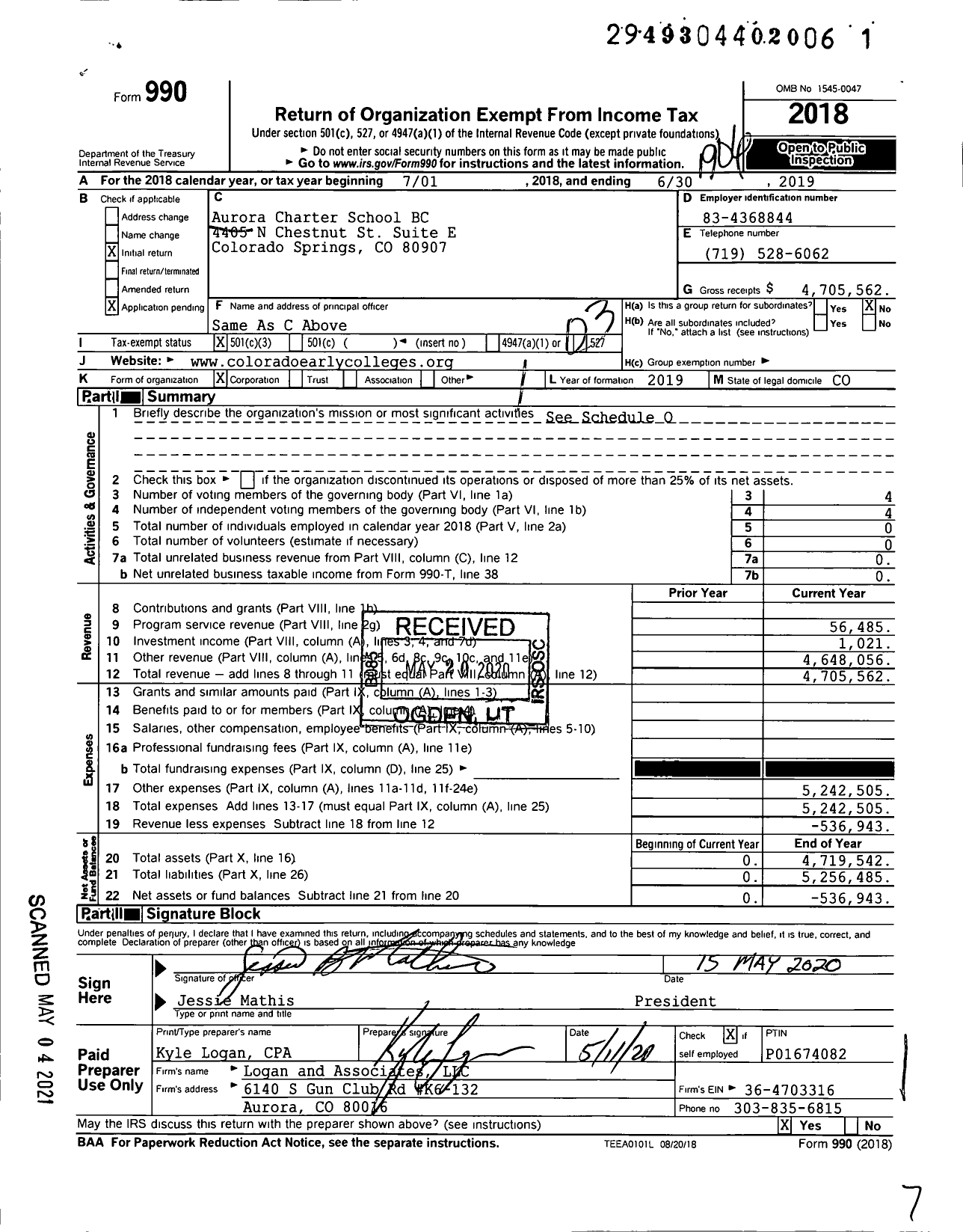 Image of first page of 2018 Form 990 for Aurora Charter School BC