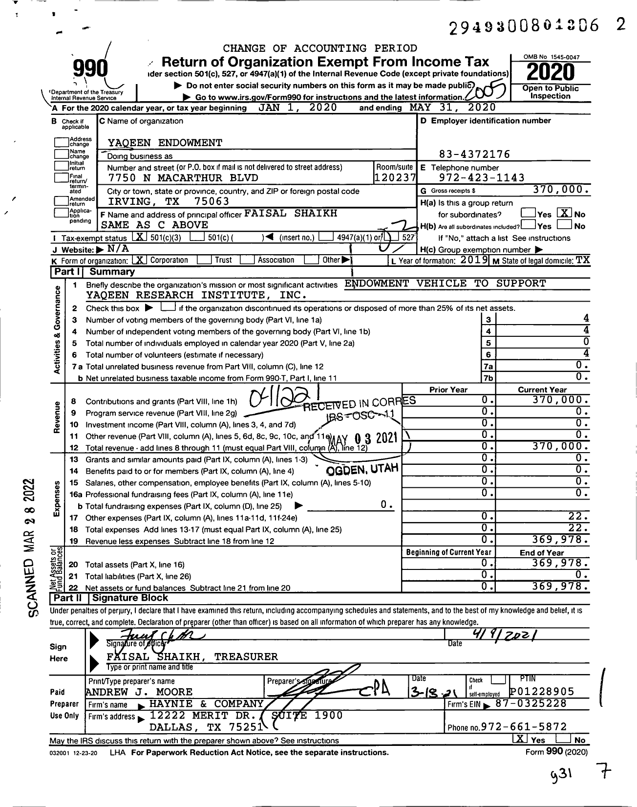 Image of first page of 2019 Form 990 for Yaqeen Endowment