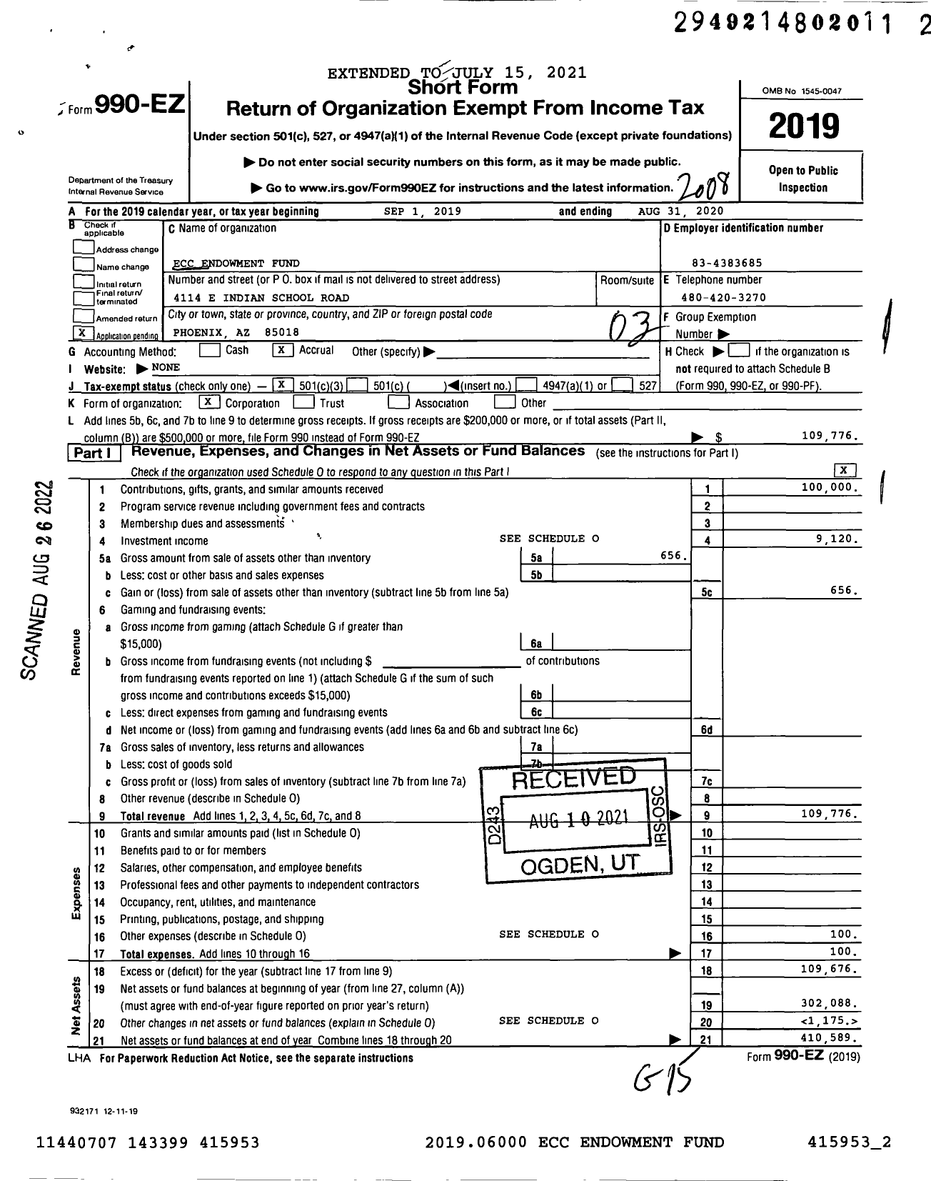 Image of first page of 2019 Form 990EZ for Ecc Endowment Fund