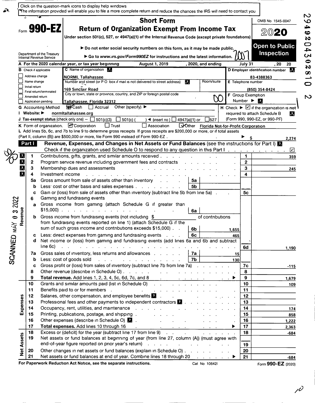 Image of first page of 2019 Form 990EO for Norml Tallahassee