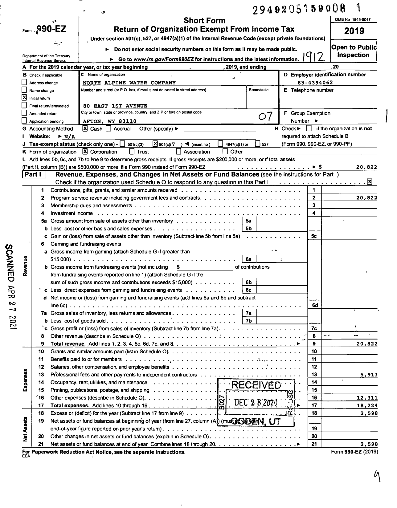 Image of first page of 2019 Form 990EO for North Alpine Water Company