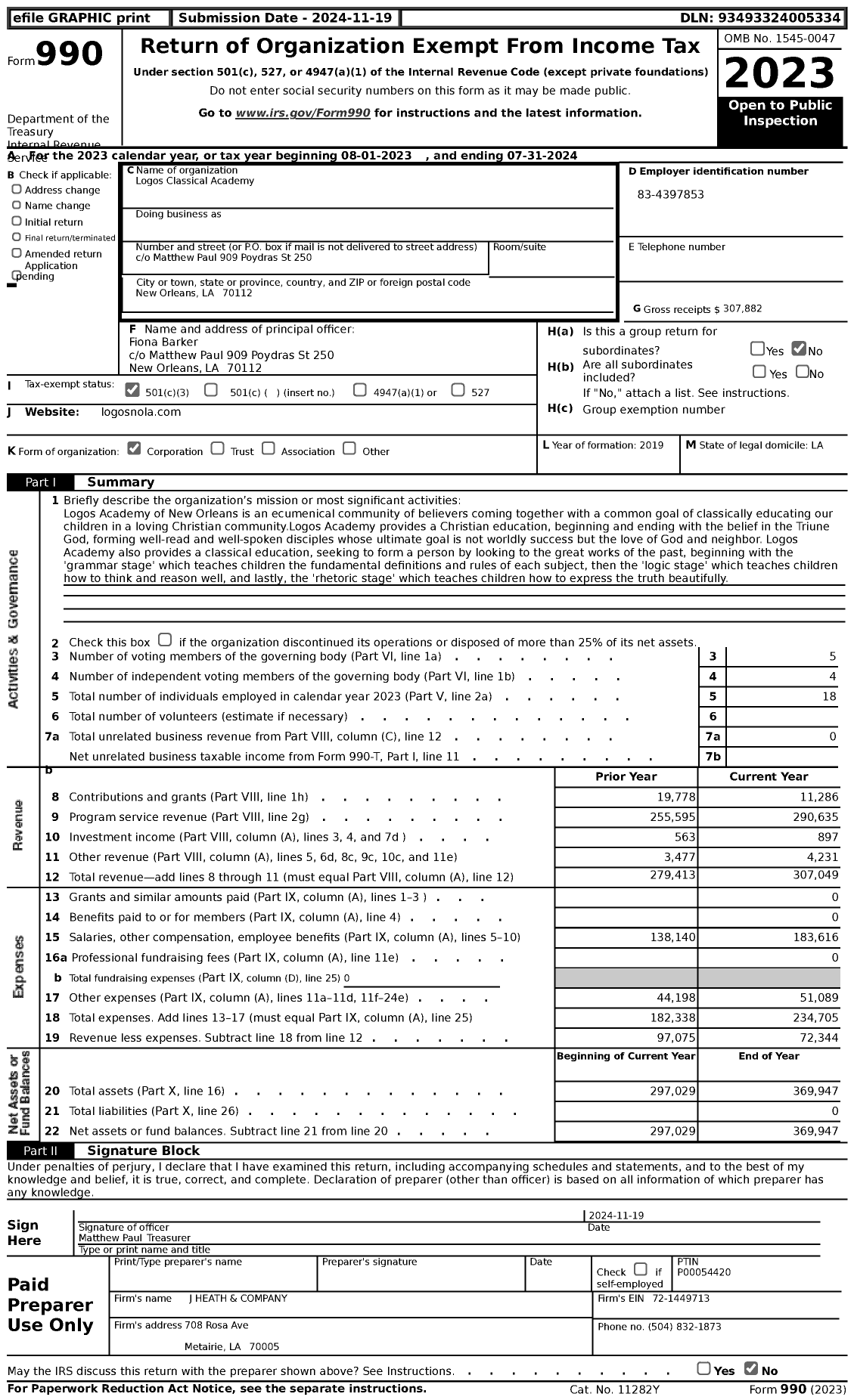 Image of first page of 2023 Form 990 for Logos Classical Academy