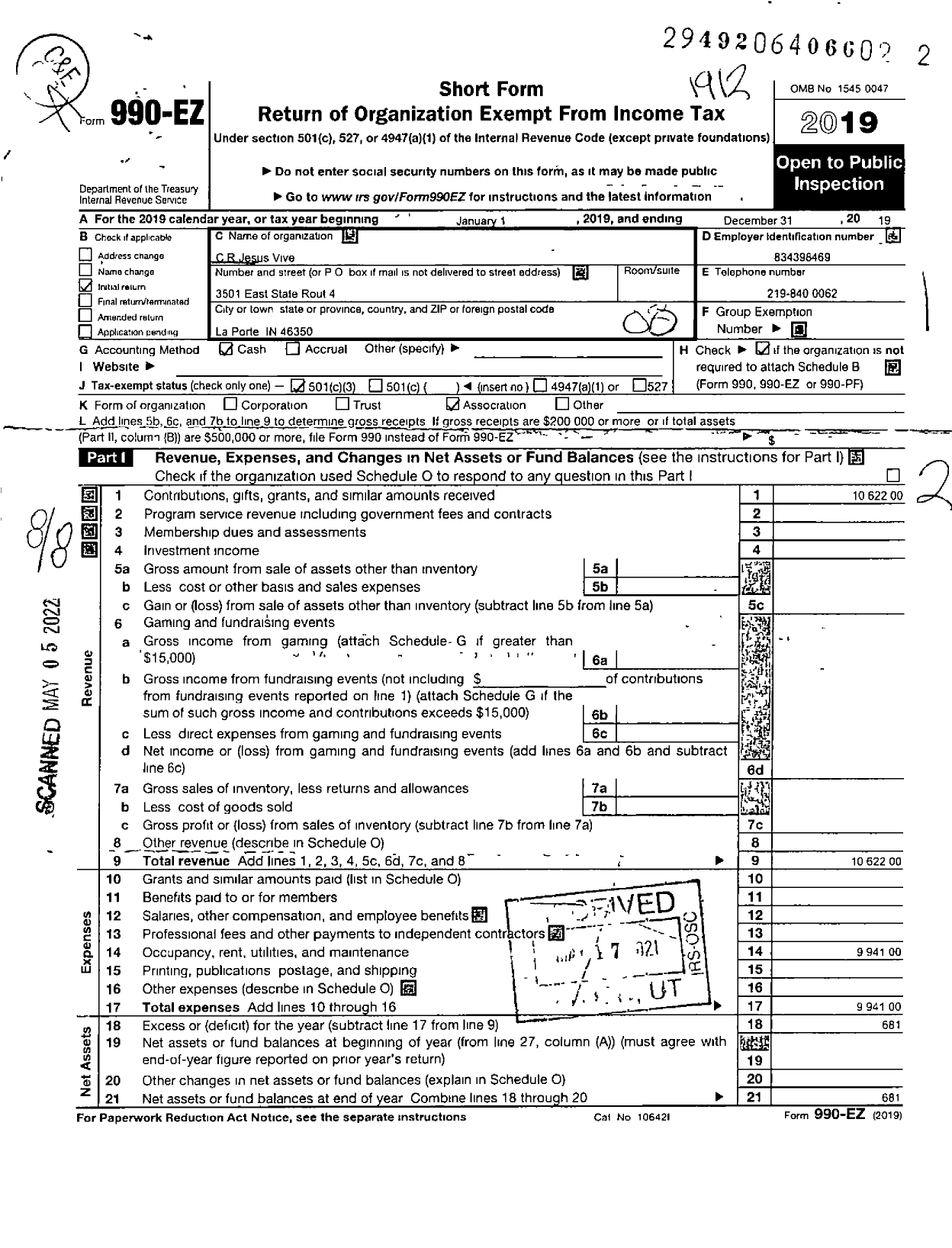 Image of first page of 2019 Form 990EO for C R Jesus Vive