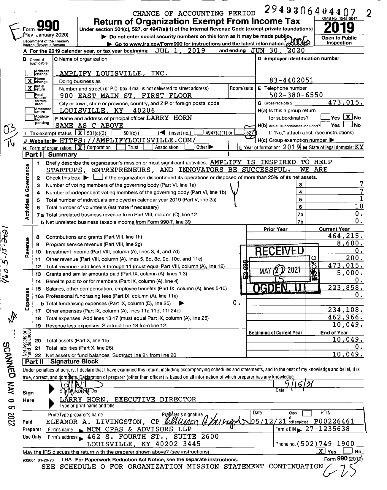 Image of first page of 2019 Form 990 for Amplify Louisville