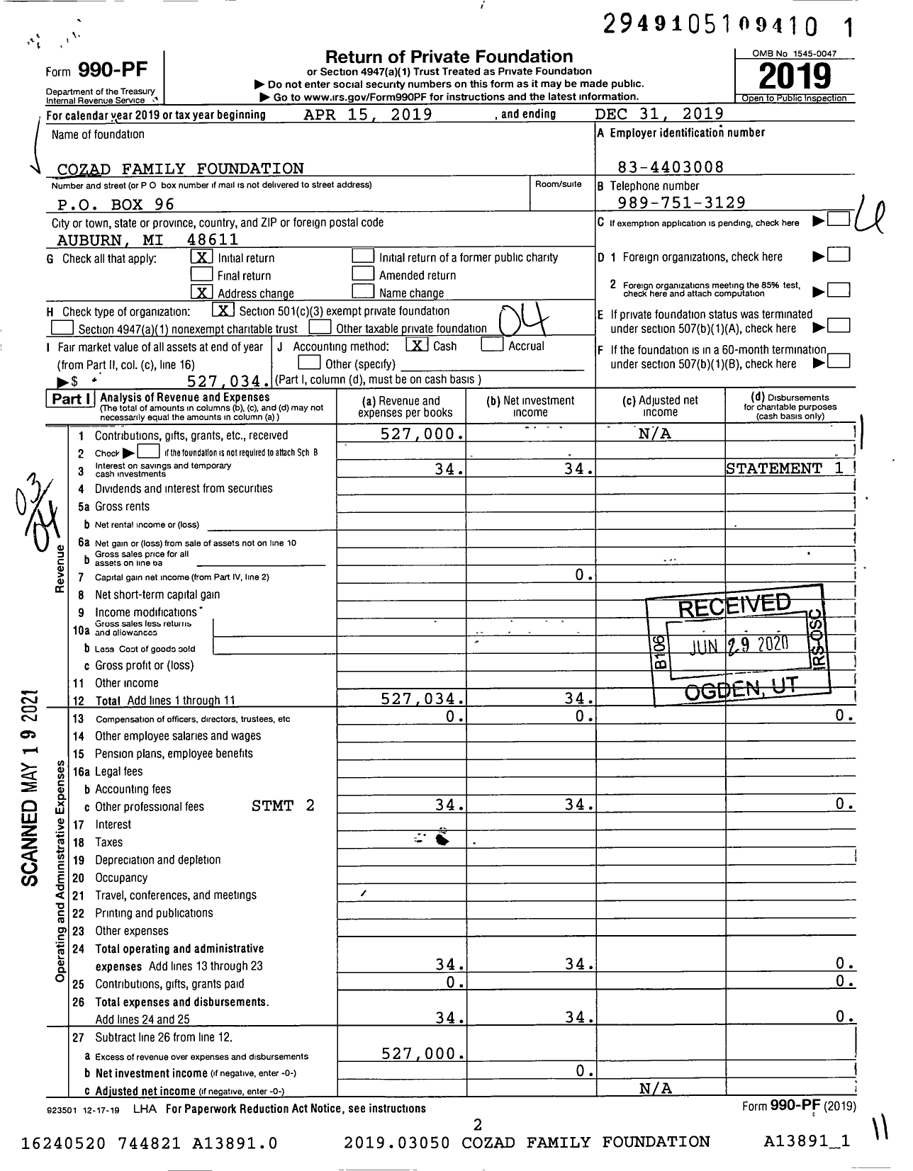 Image of first page of 2019 Form 990PF for Cozad Family Foundation