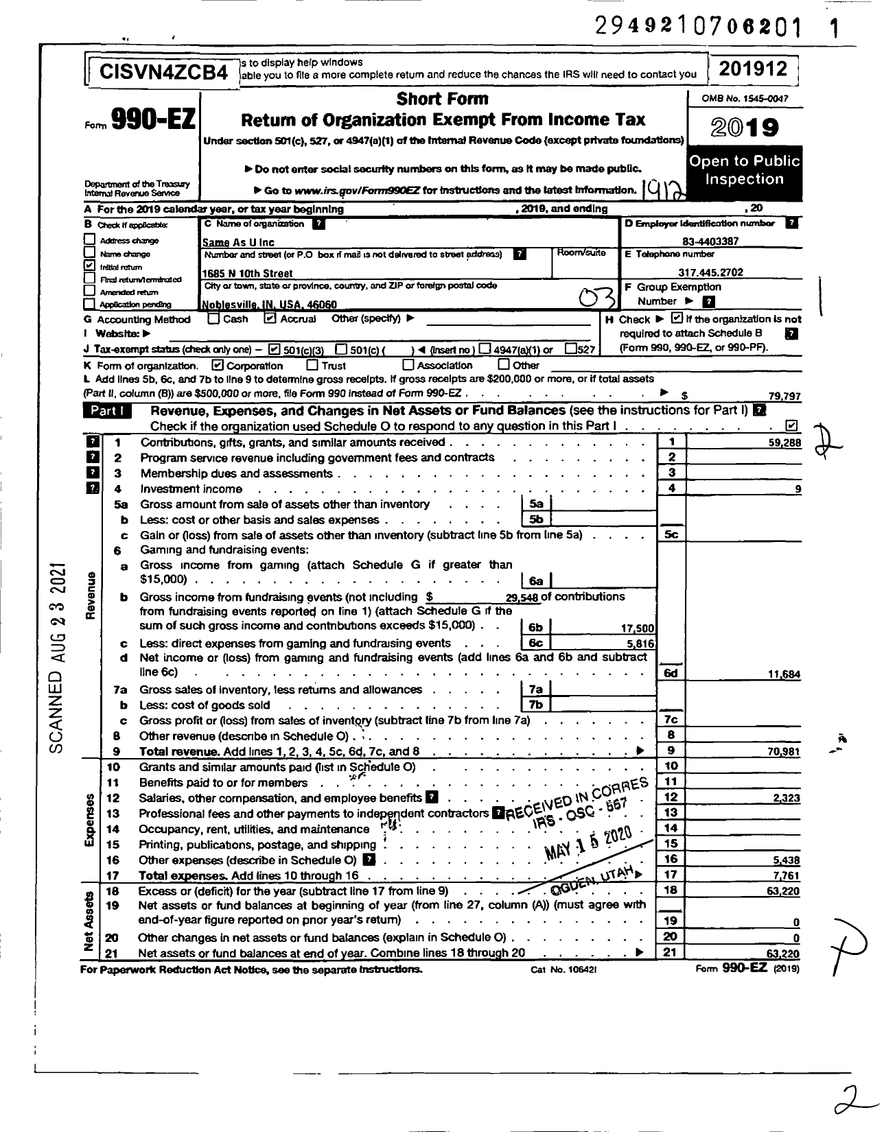 Image of first page of 2019 Form 990EZ for Same As U