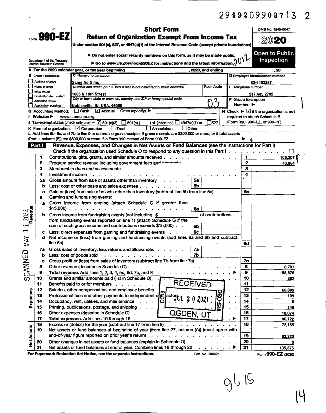 Image of first page of 2020 Form 990EZ for Same As U