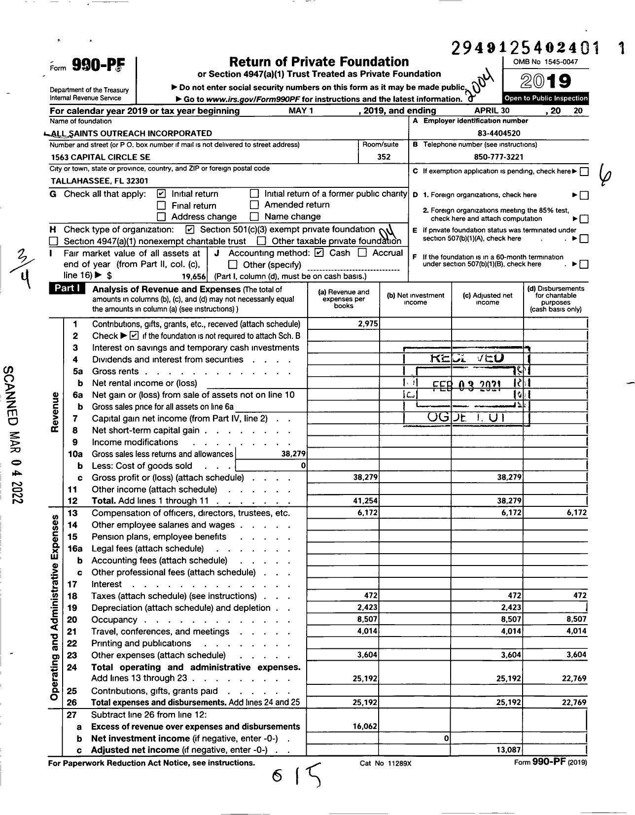 Image of first page of 2019 Form 990PF for All Saints Outreach Incorporated