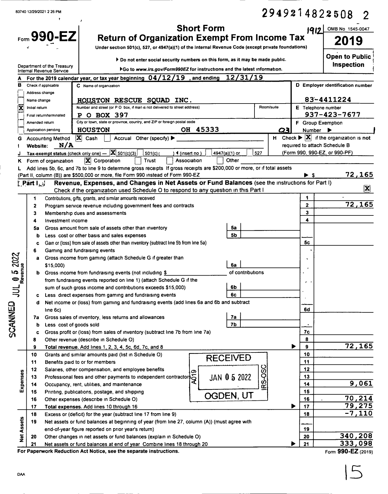 Image of first page of 2020 Form 990EZ for Houston Rescue Squad