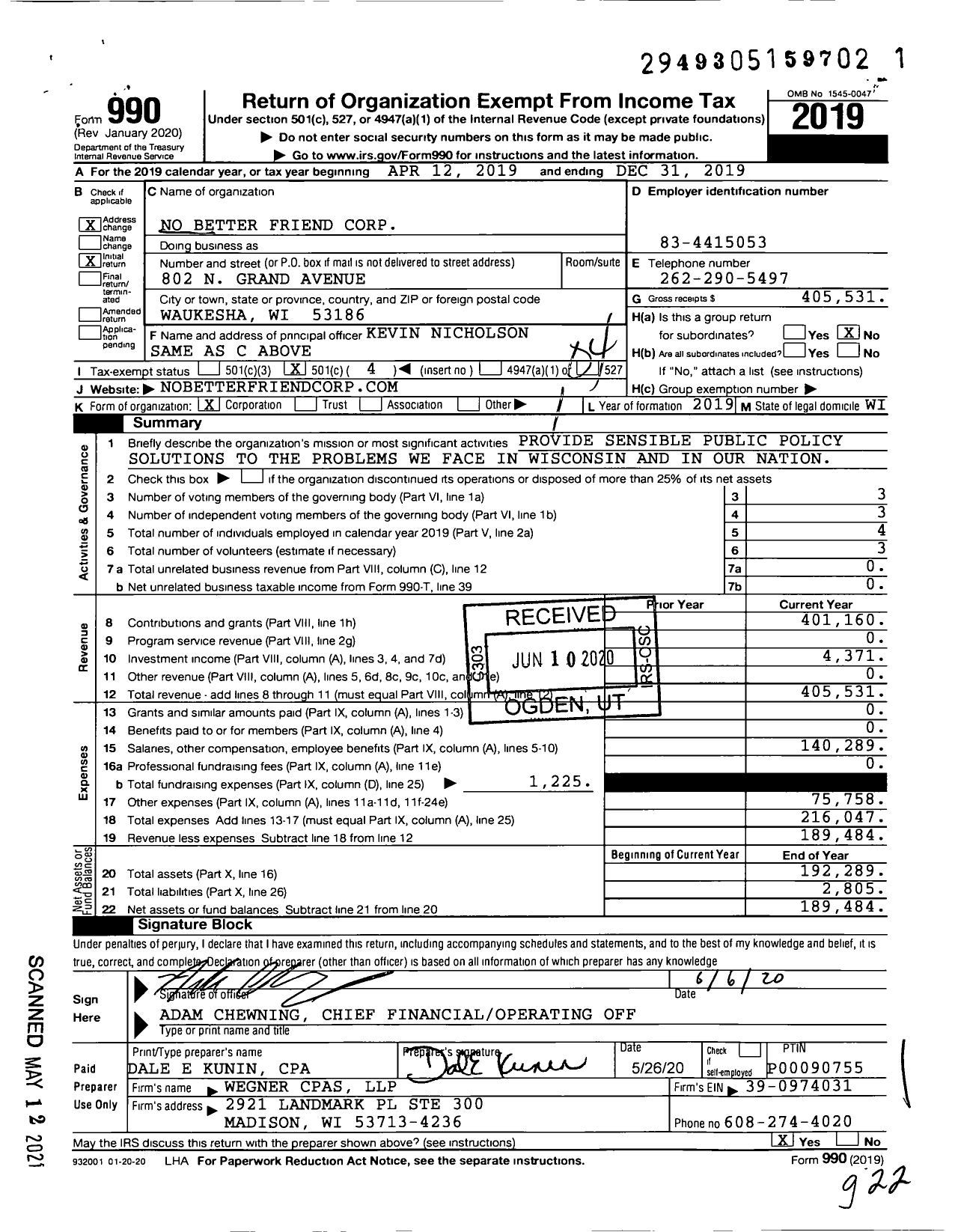 Image of first page of 2019 Form 990O for No Better Friend Corporation