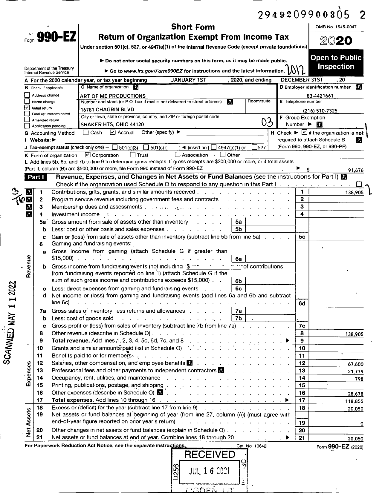 Image of first page of 2020 Form 990EZ for Art of Me Productions