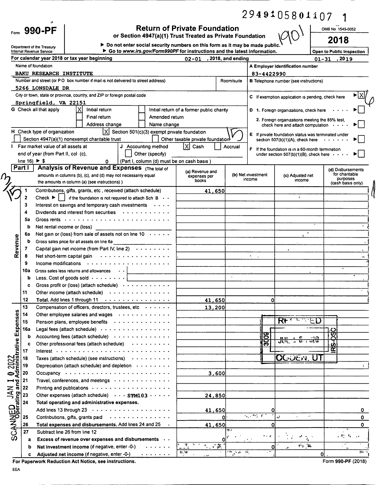 Image of first page of 2018 Form 990PF for Baku Research Institute