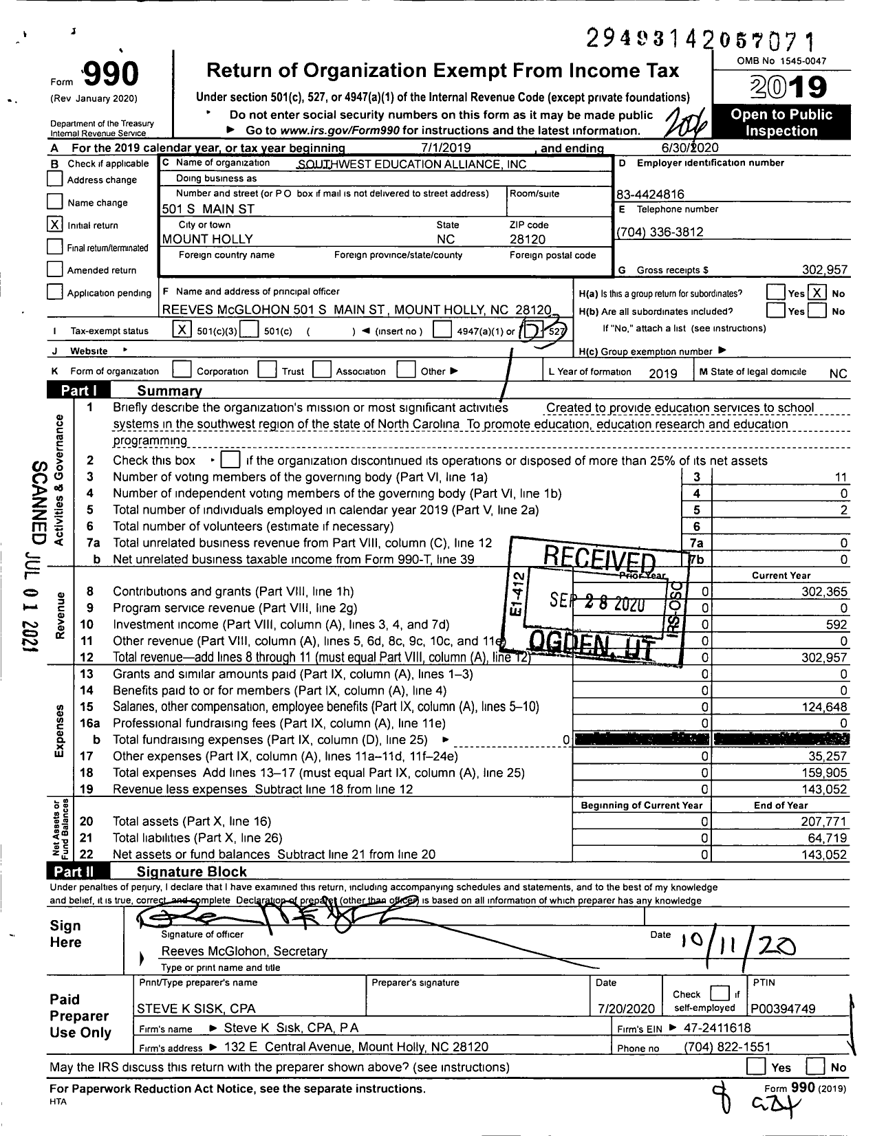 Image of first page of 2019 Form 990 for Southwest Education Alliance