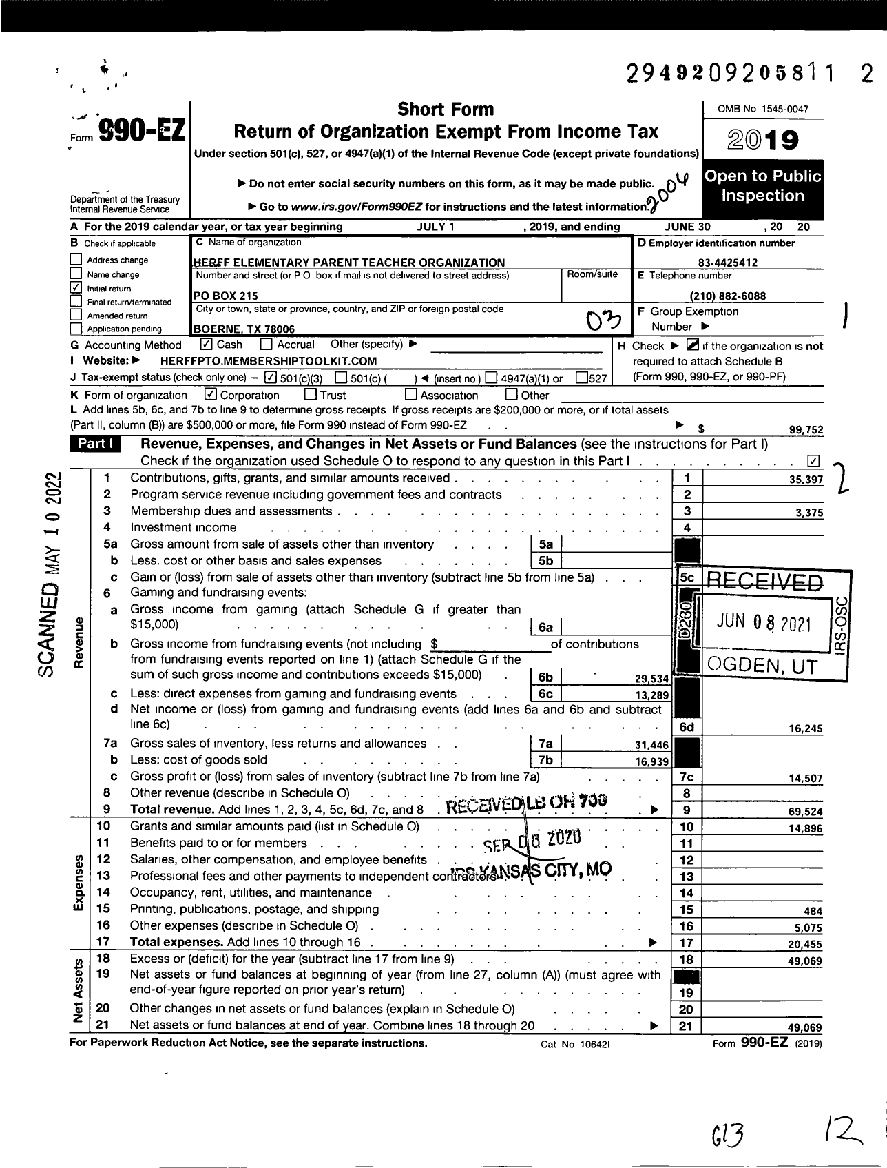 Image of first page of 2019 Form 990EZ for Herff Elementary School Parent Teacher Organization