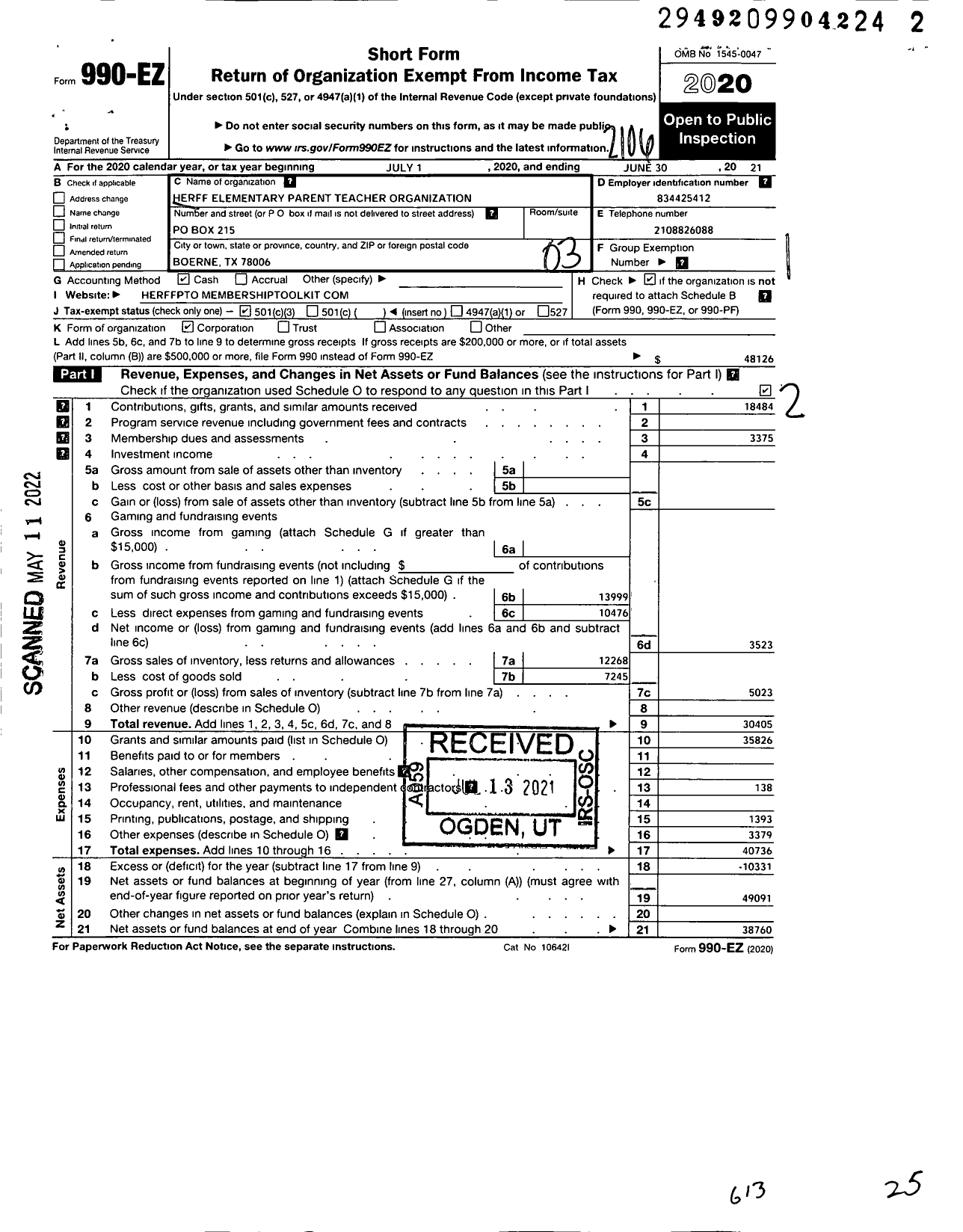 Image of first page of 2020 Form 990EZ for Herff Elementary School Parent Teacher Organization