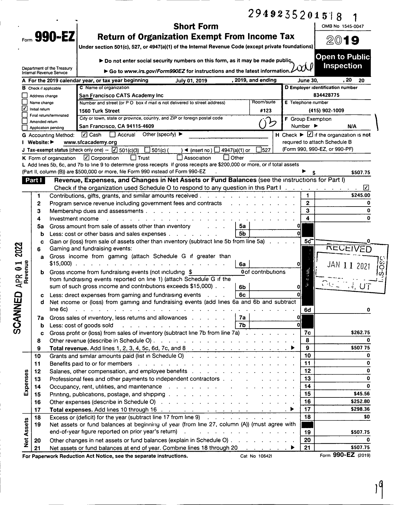 Image of first page of 2019 Form 990EZ for San Francisco Cats Academy