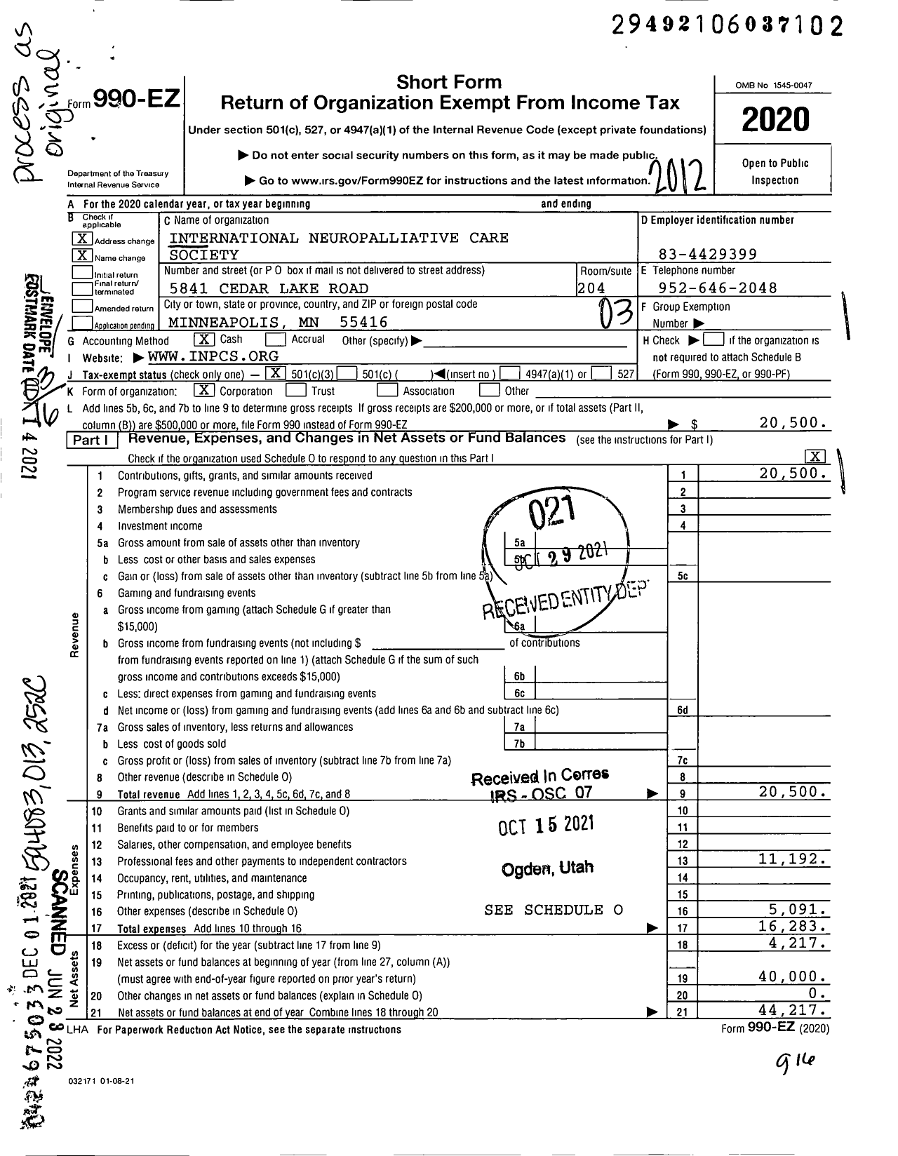 Image of first page of 2020 Form 990EZ for International Neuropalliative Care Society