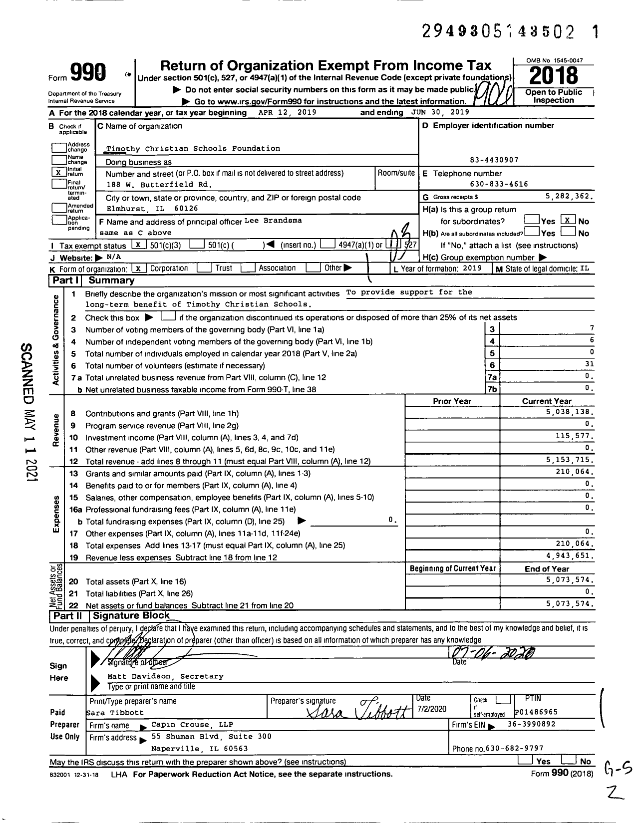 Image of first page of 2018 Form 990 for Timothy Christian Schools Foundation