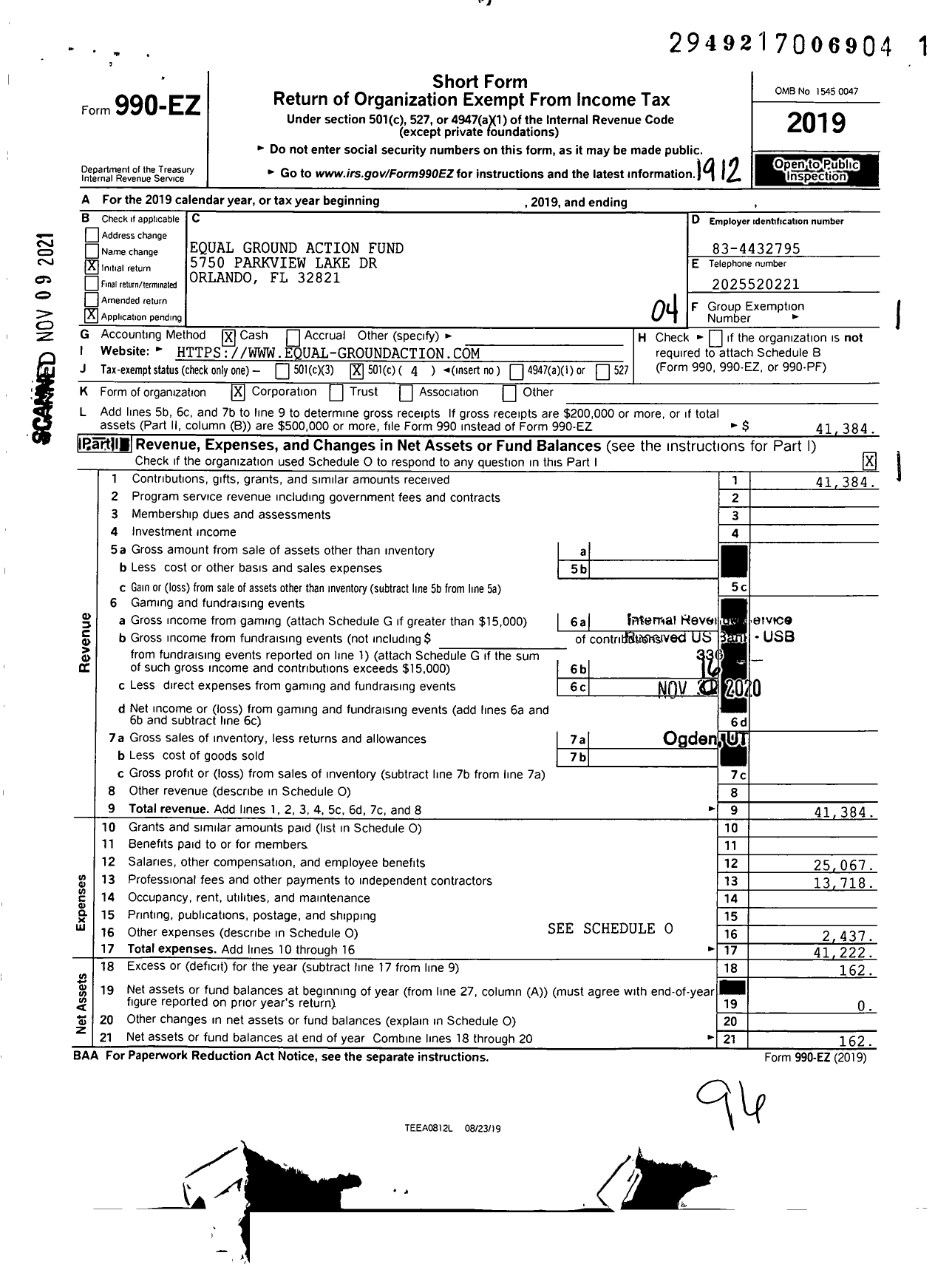 Image of first page of 2019 Form 990EO for Equal Ground Action Fund