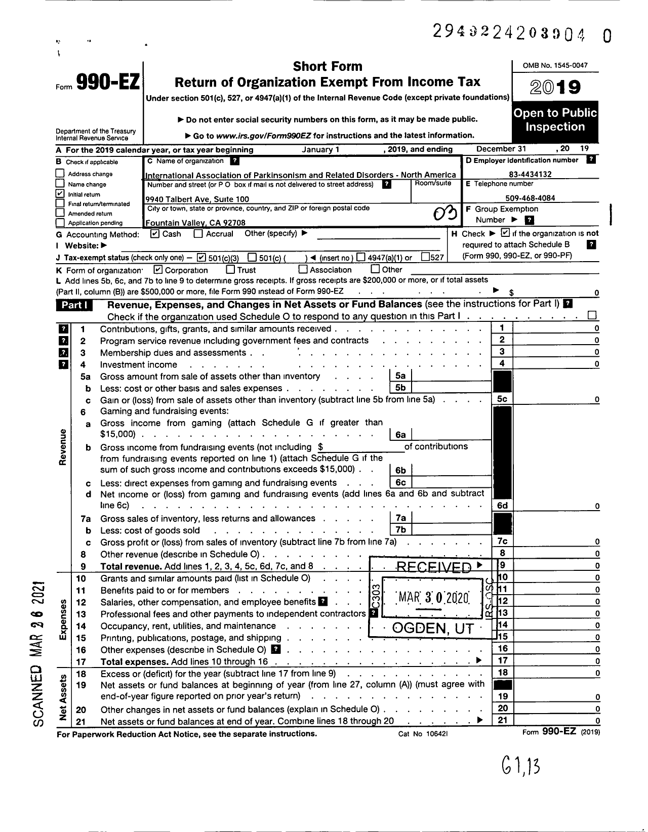 Image of first page of 2019 Form 990EZ for International Association of Parkinsonism and Related Disorders