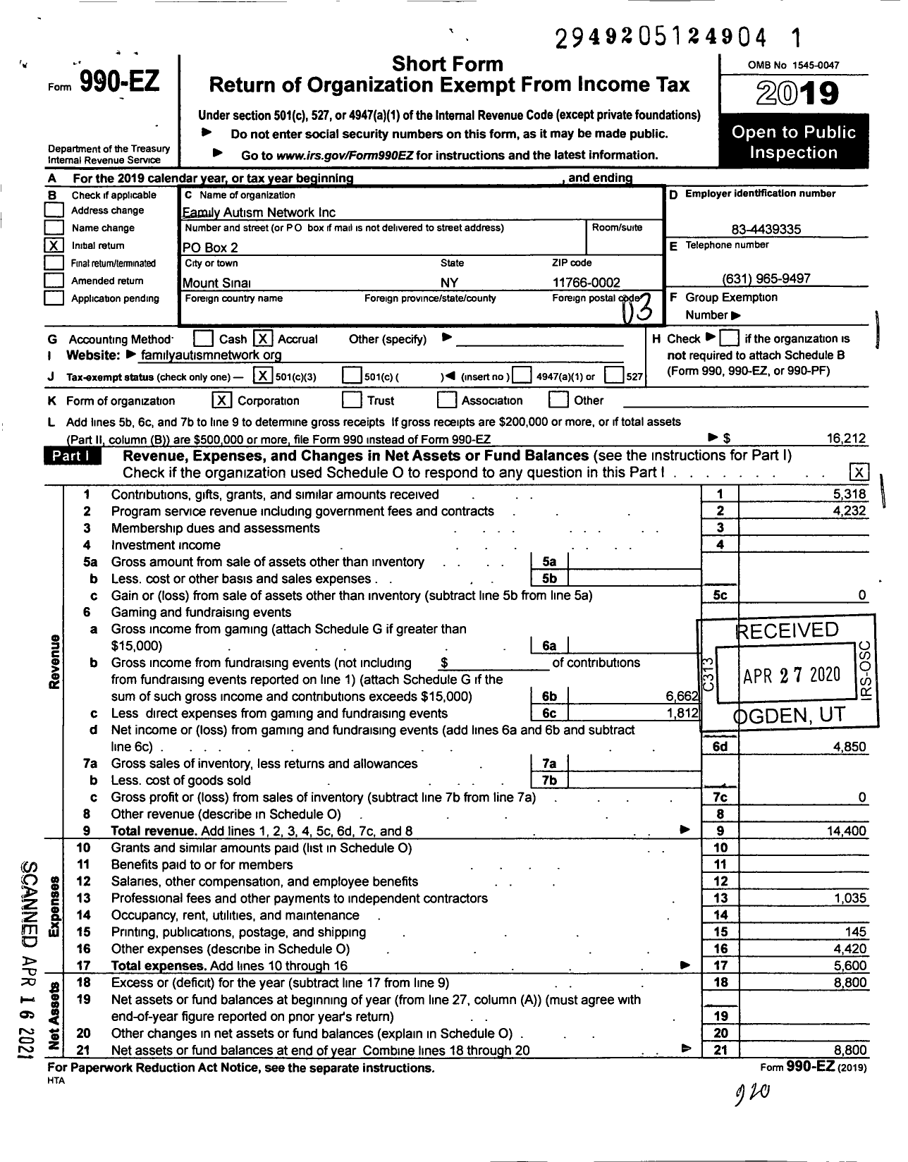 Image of first page of 2019 Form 990EZ for Family Autism Network