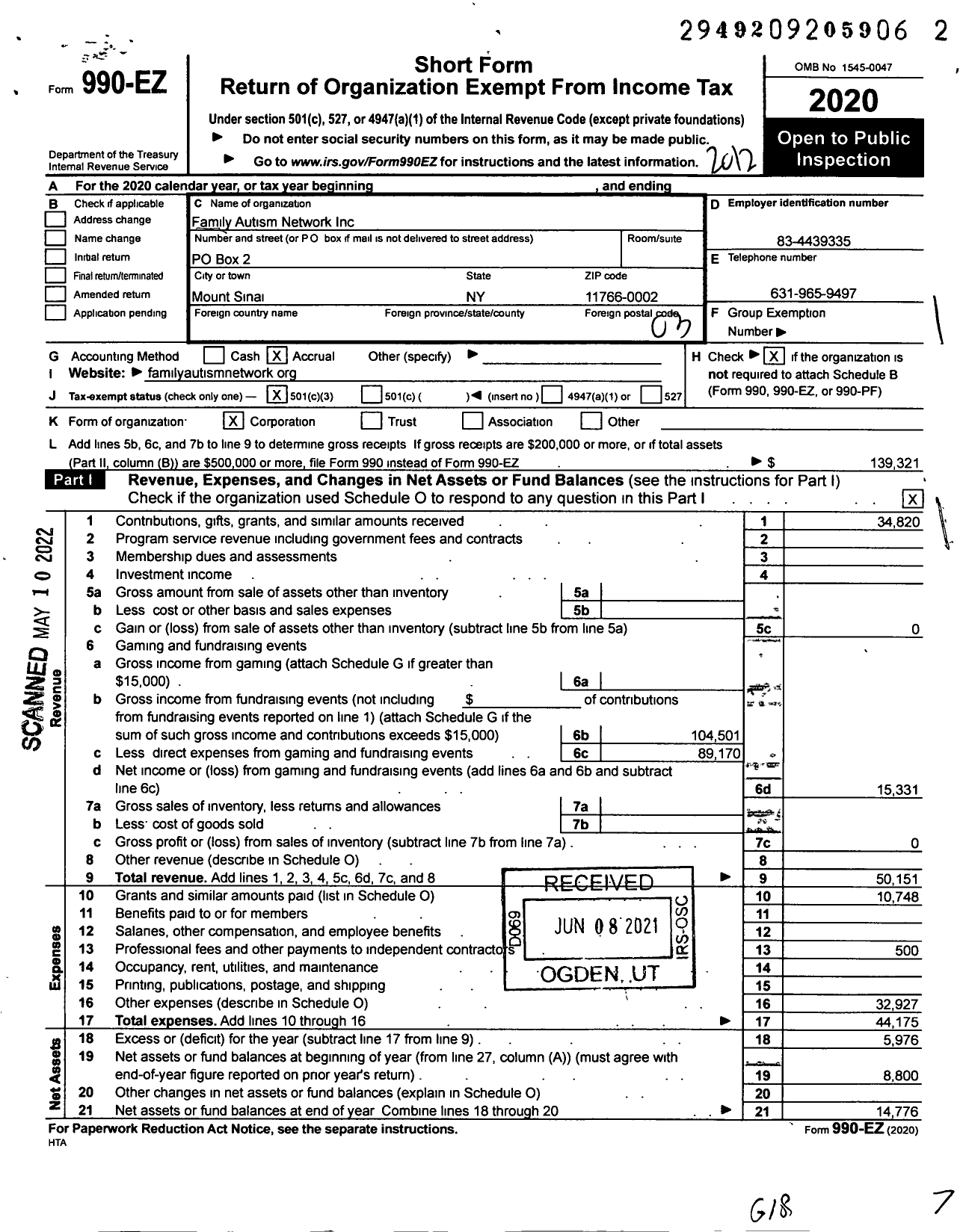 Image of first page of 2020 Form 990EZ for Family Autism Network