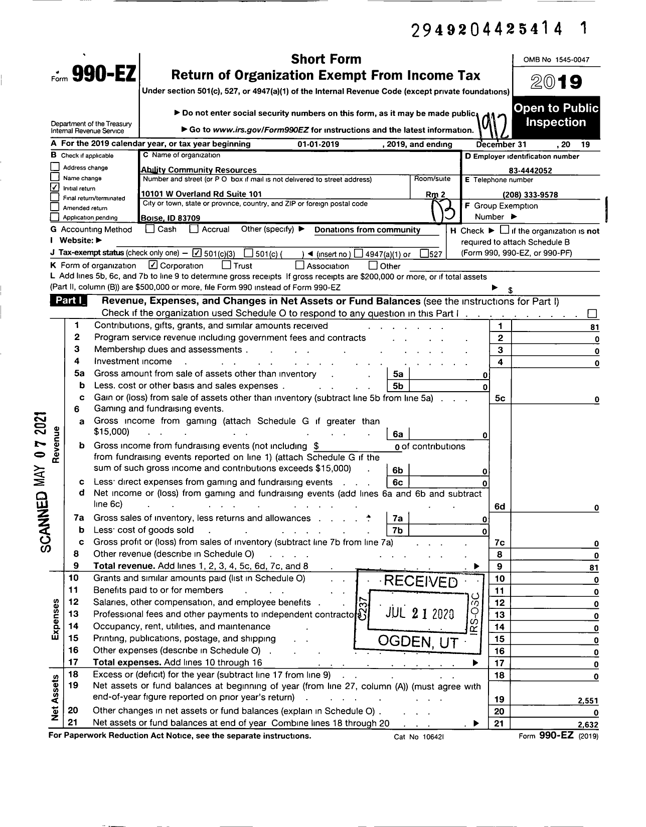 Image of first page of 2019 Form 990EZ for Ability Community Resources