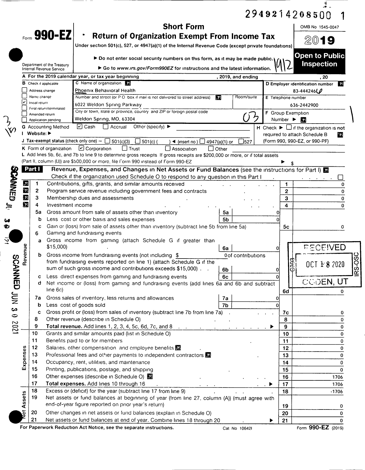 Image of first page of 2019 Form 990EZ for Phoenix Behavioral Health