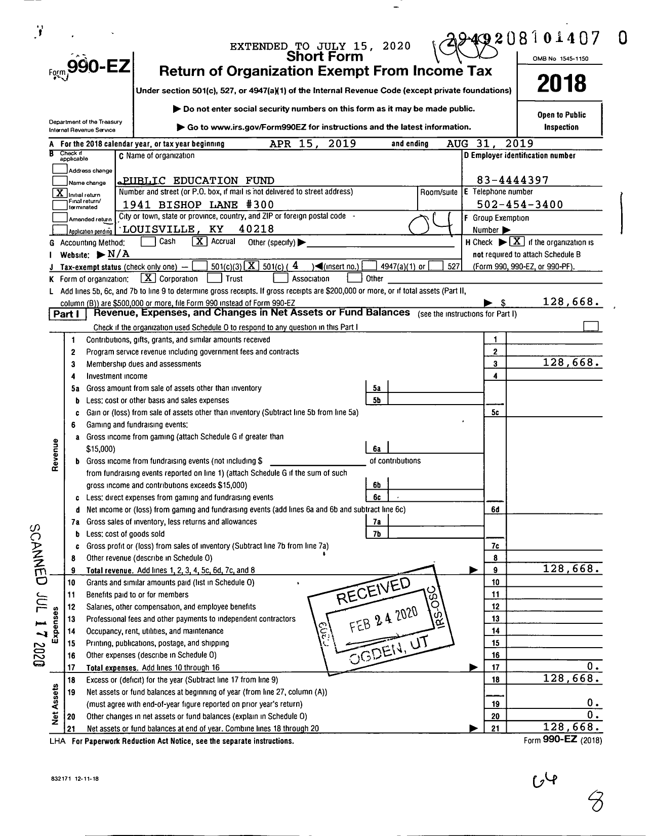 Image of first page of 2018 Form 990EO for Public Education Fund