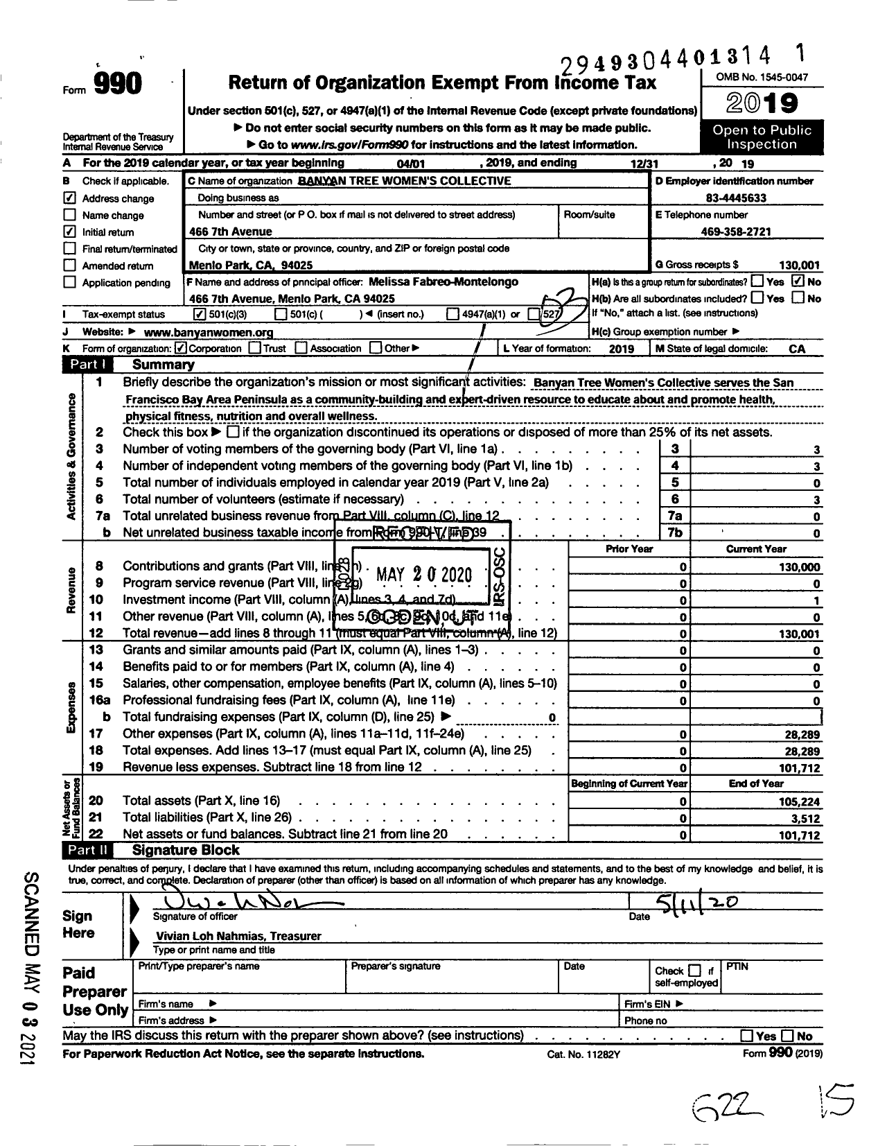 Image of first page of 2019 Form 990 for Banyan Tree Women's Collective