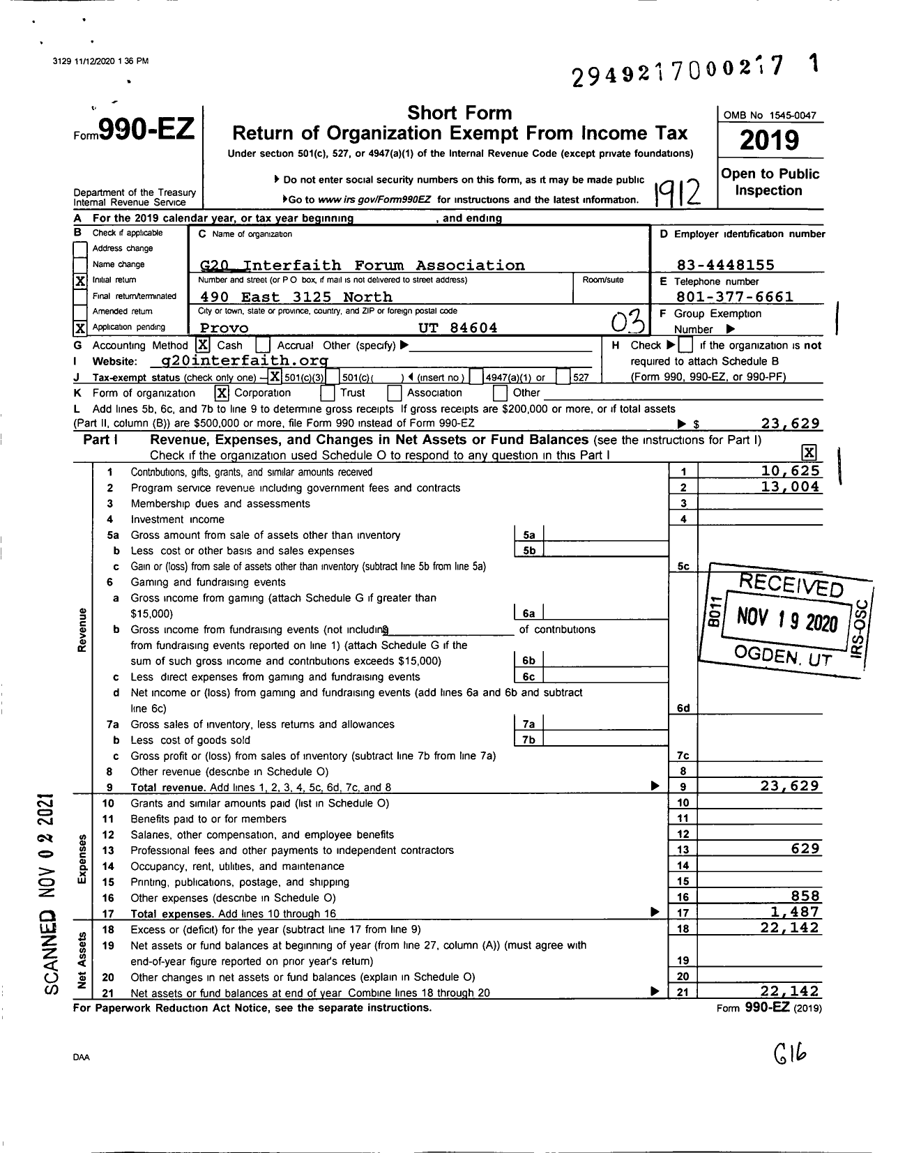 Image of first page of 2019 Form 990EZ for G20 Interfaith Forum Association