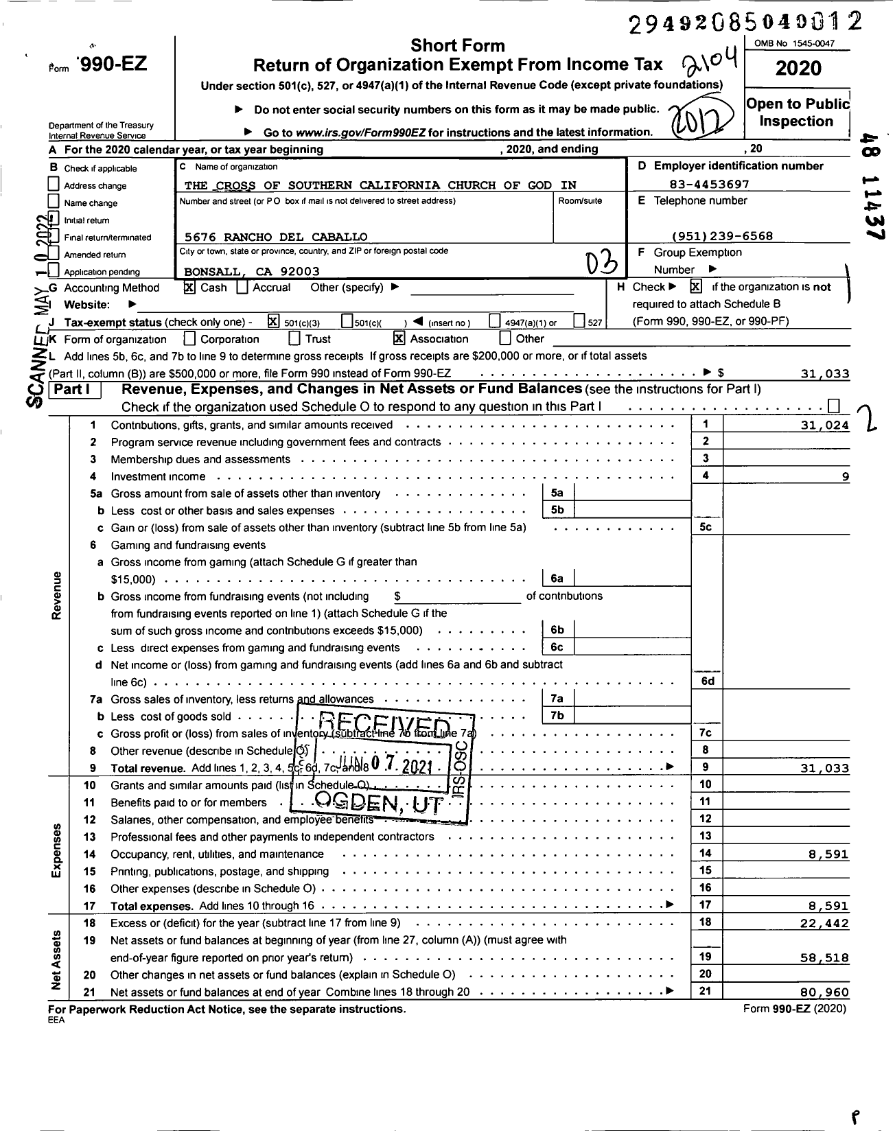 Image of first page of 2020 Form 990EZ for The Cross of Southern California Church of God