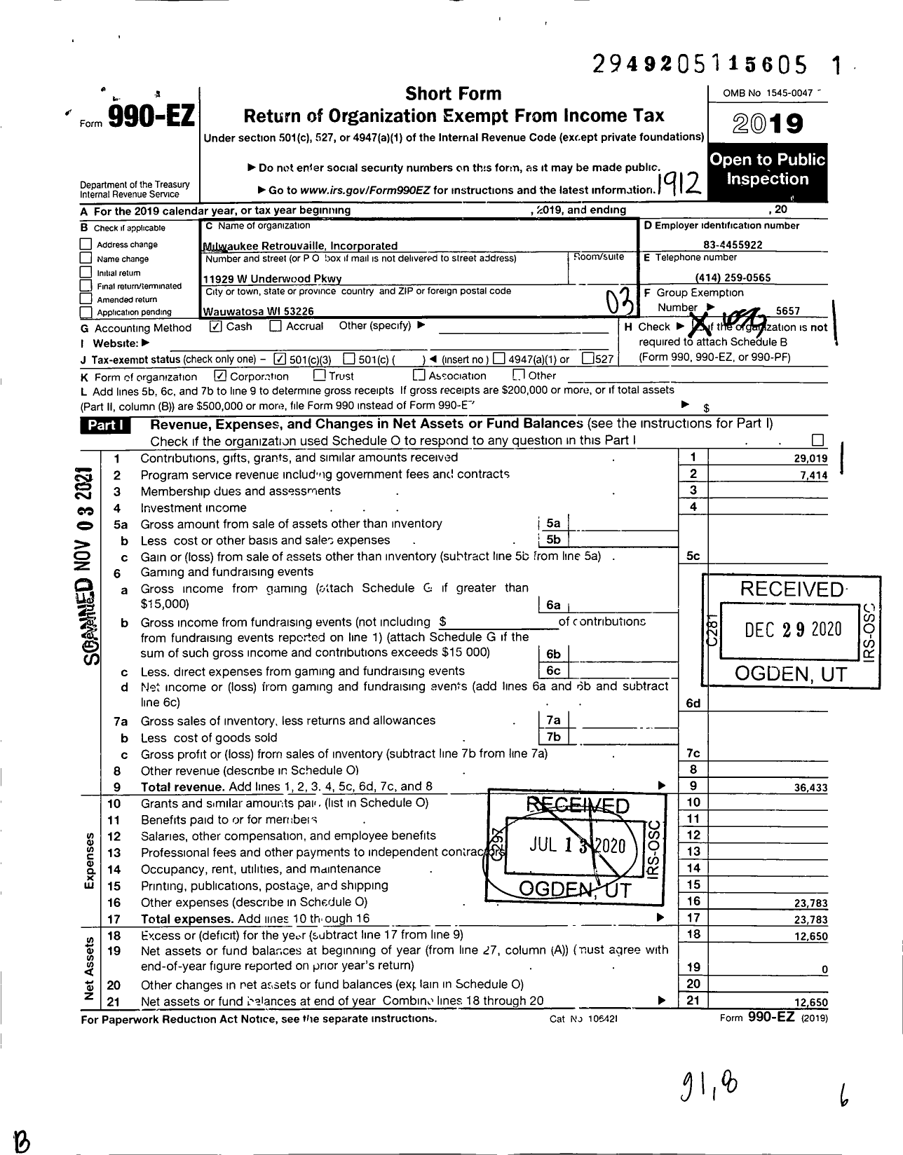 Image of first page of 2019 Form 990EZ for Retrouvaille International Incorporated