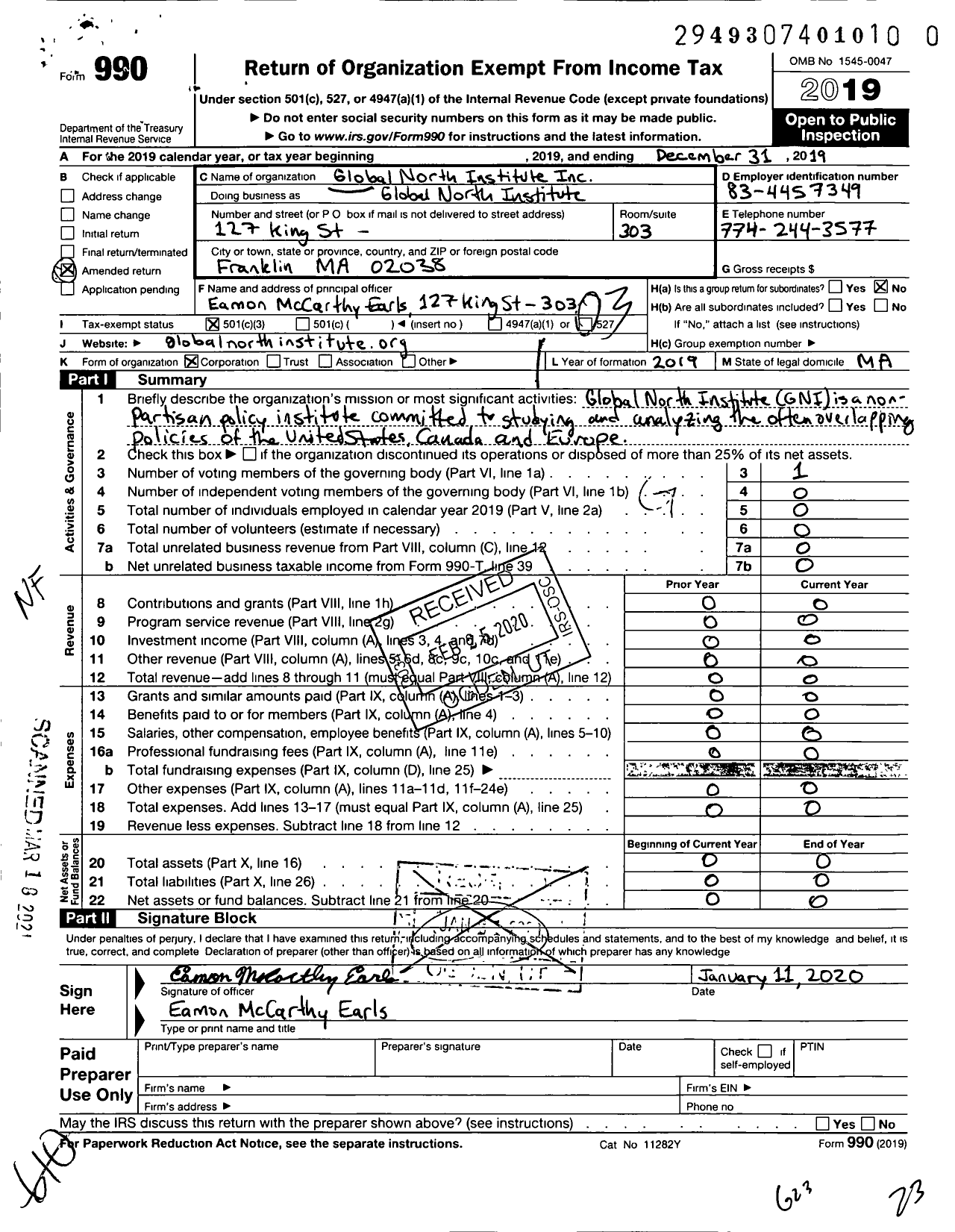 Image of first page of 2019 Form 990 for Global North Institute Incorporated