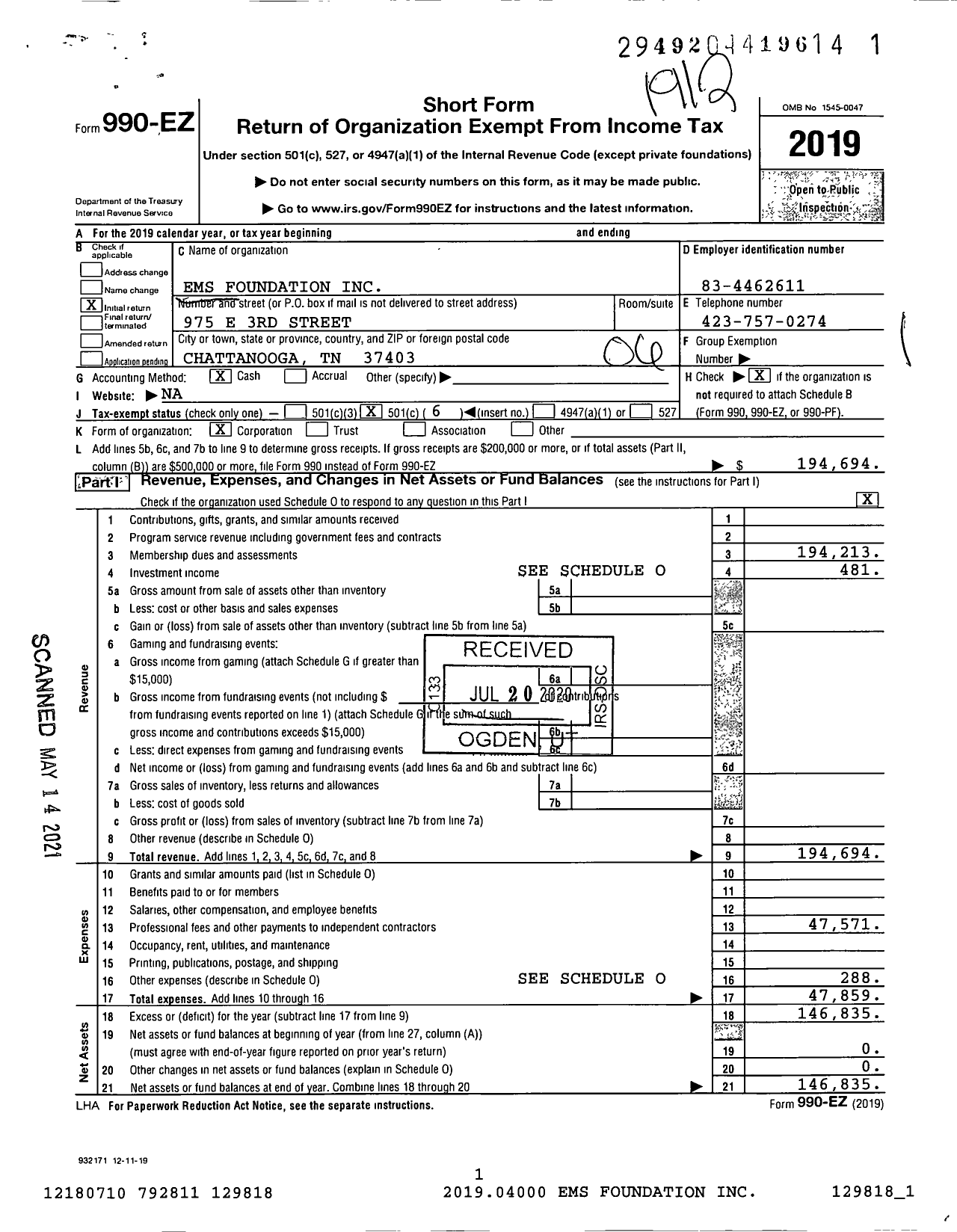 Image of first page of 2019 Form 990EO for Ems Foundation