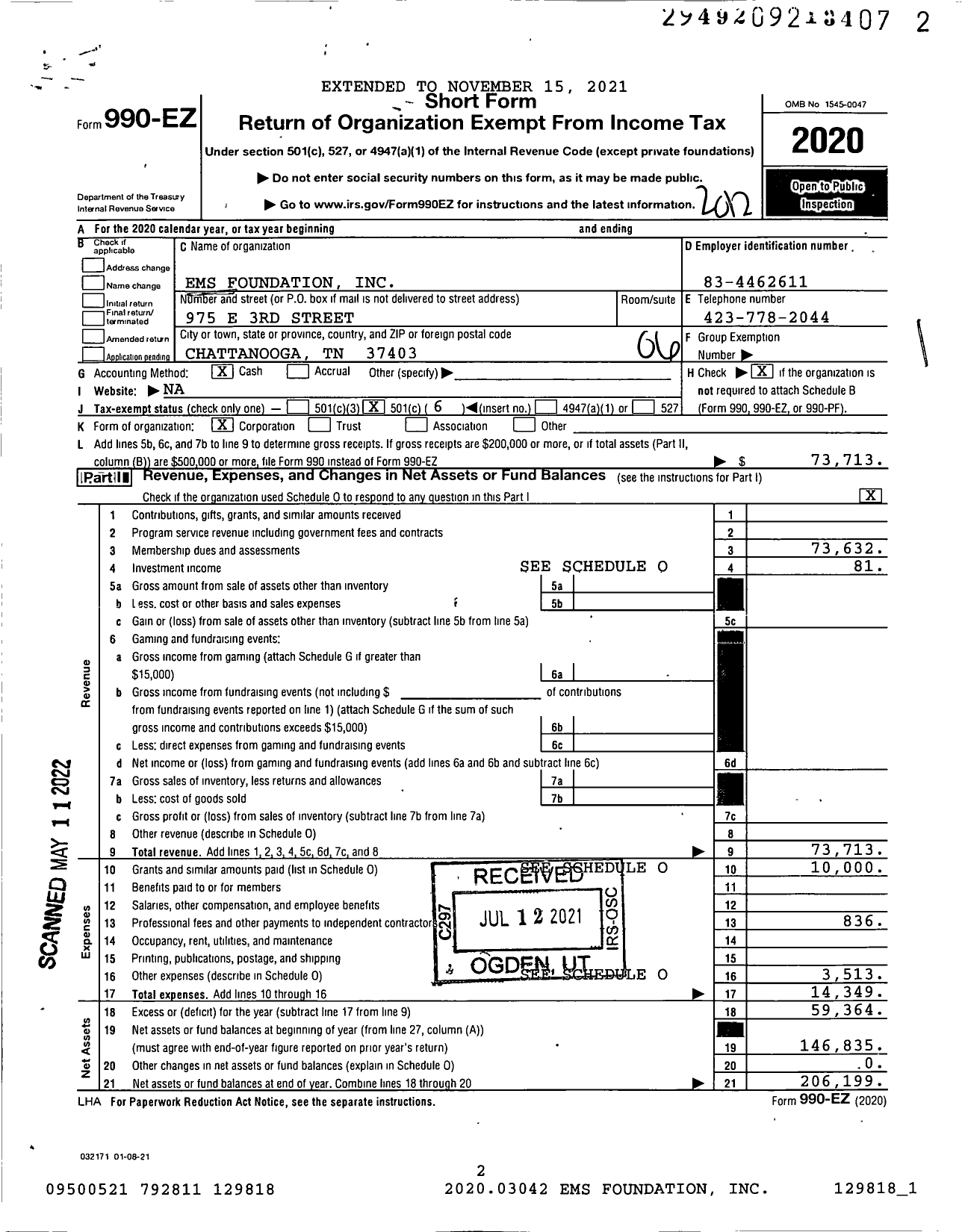 Image of first page of 2020 Form 990EO for Ems Foundation