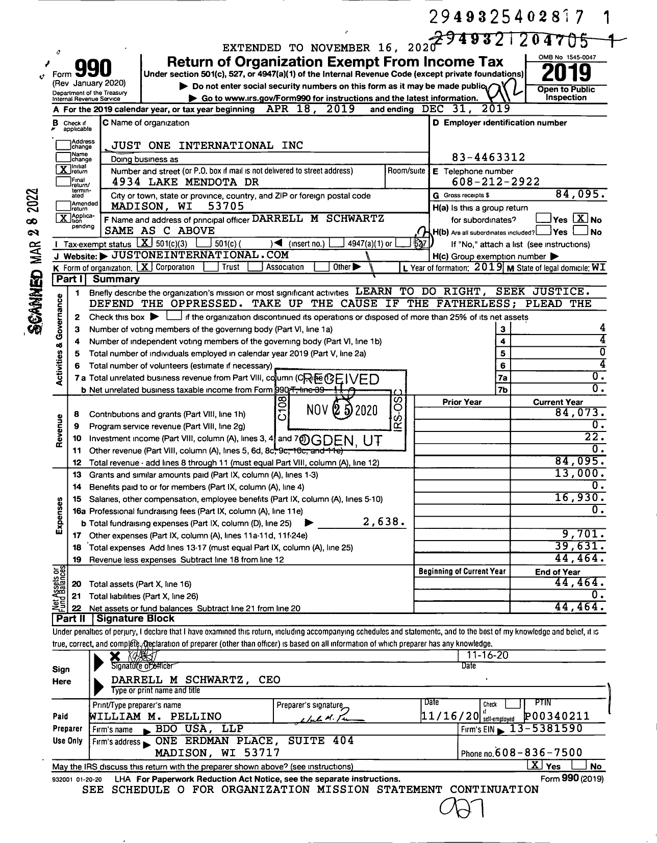 Image of first page of 2019 Form 990 for Just One International