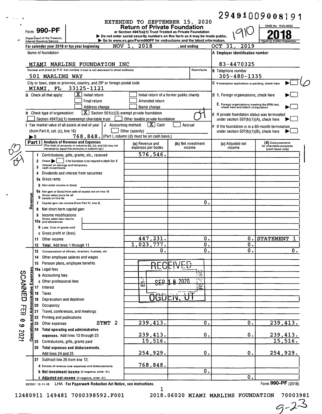 Image of first page of 2018 Form 990PF for Miami Marlins Foundation