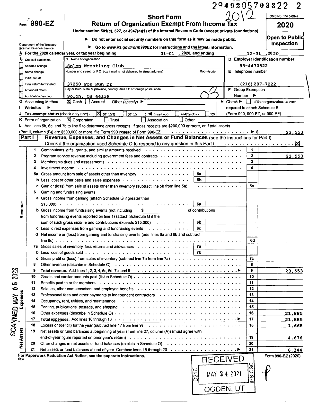 Image of first page of 2020 Form 990EZ for Solon Wrestling Club