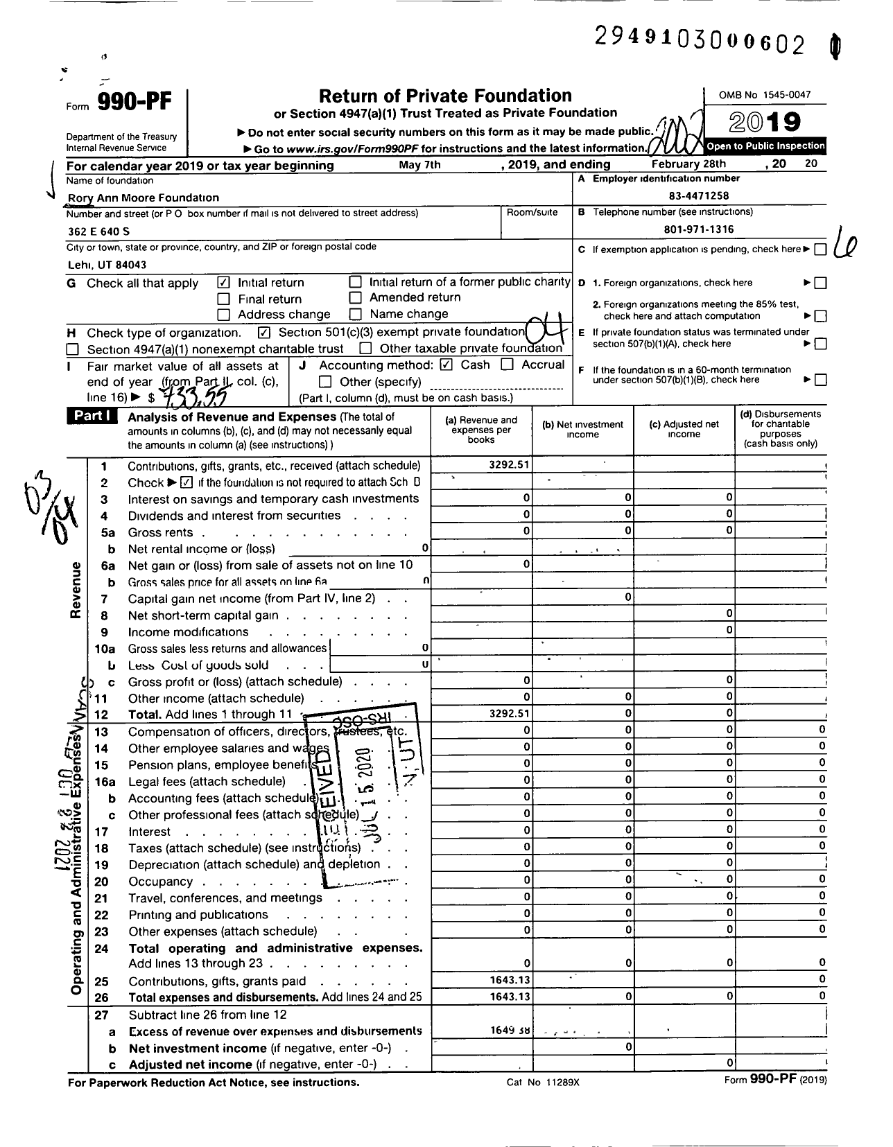 Image of first page of 2019 Form 990PF for Rory Ann Moore Foundation