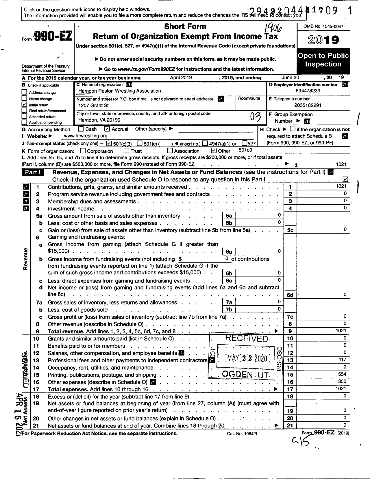 Image of first page of 2018 Form 990EZ for Herndon Reston Wrestling Association