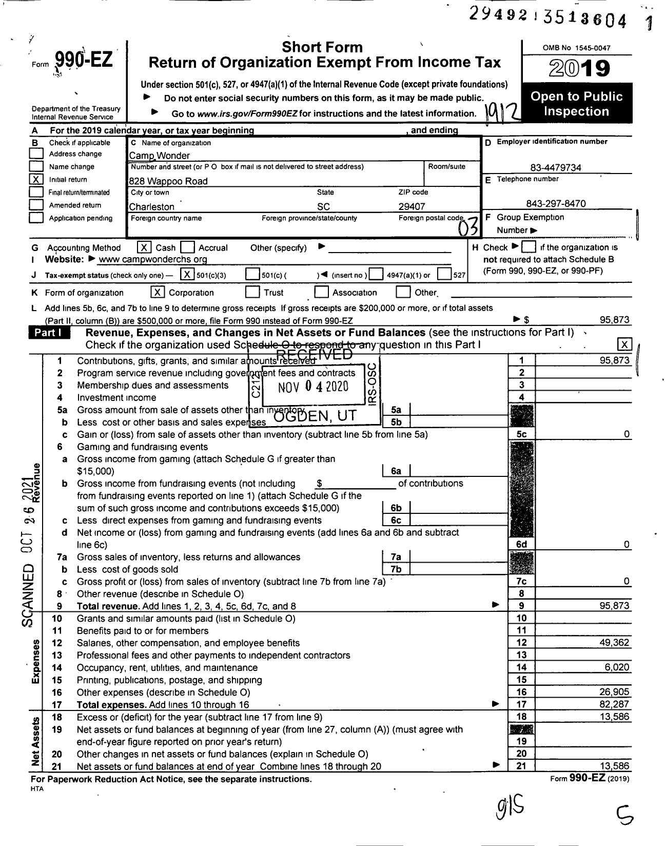 Image of first page of 2019 Form 990EZ for Camp Wonder