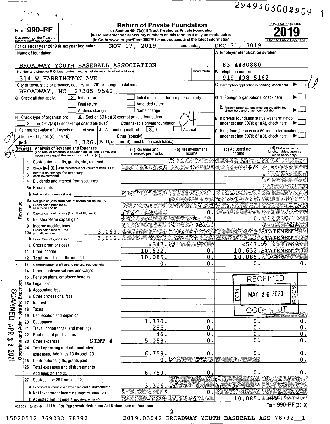 Image of first page of 2019 Form 990PF for Broadway Youth Baseball Association