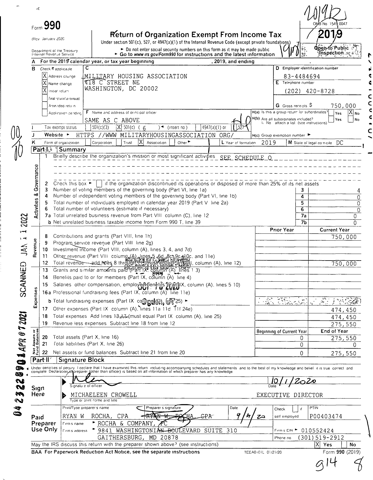 Image of first page of 2019 Form 990O for Military Housing Association