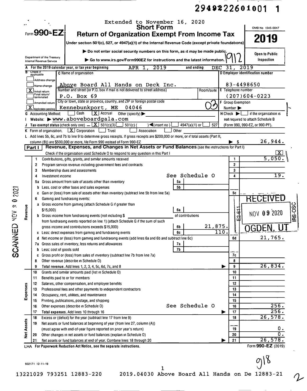 Image of first page of 2019 Form 990EZ for Above Board All Hands on Deck